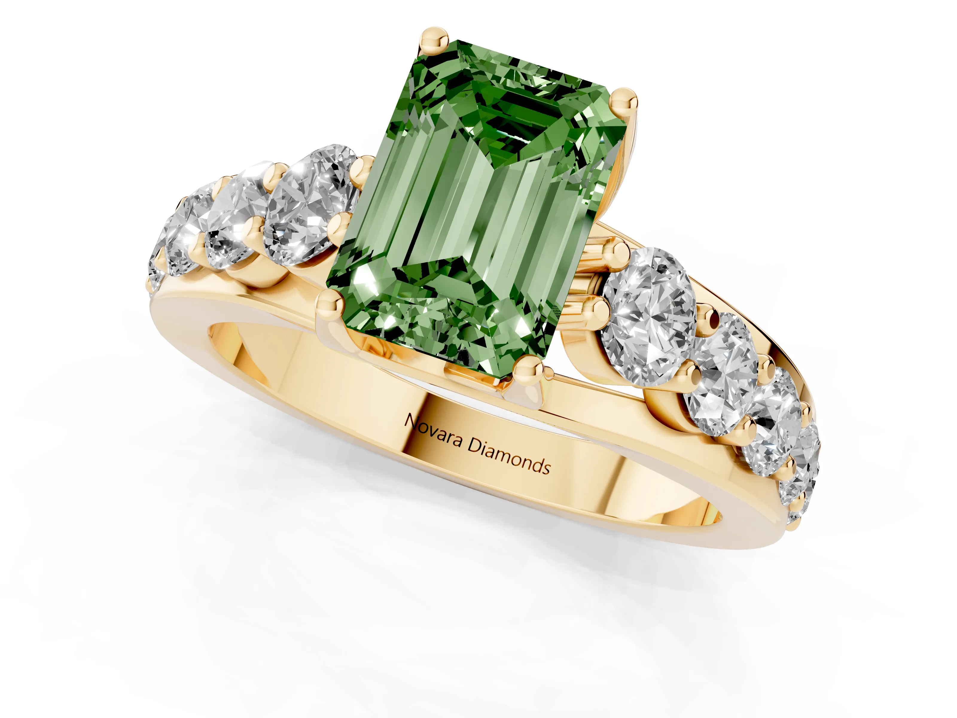 Fancy Green Emerald Cut Diamond Pavé Engagement Ring Set in Yellow gold with Prong Setting