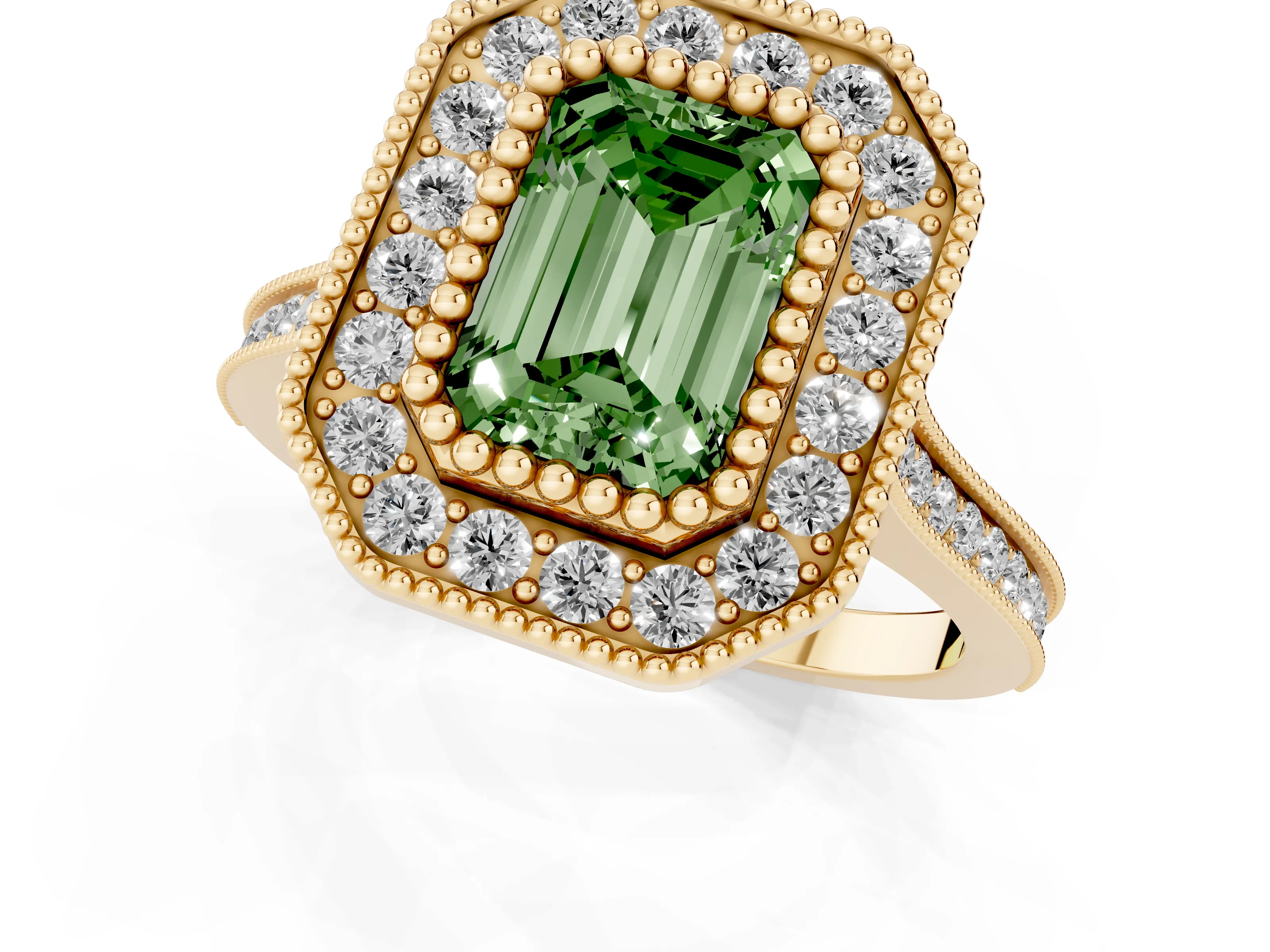 Fancy Green Emerald Cut Diamond Halo Ring Set in Yellow gold with Milgrain Frame and Pavé Band