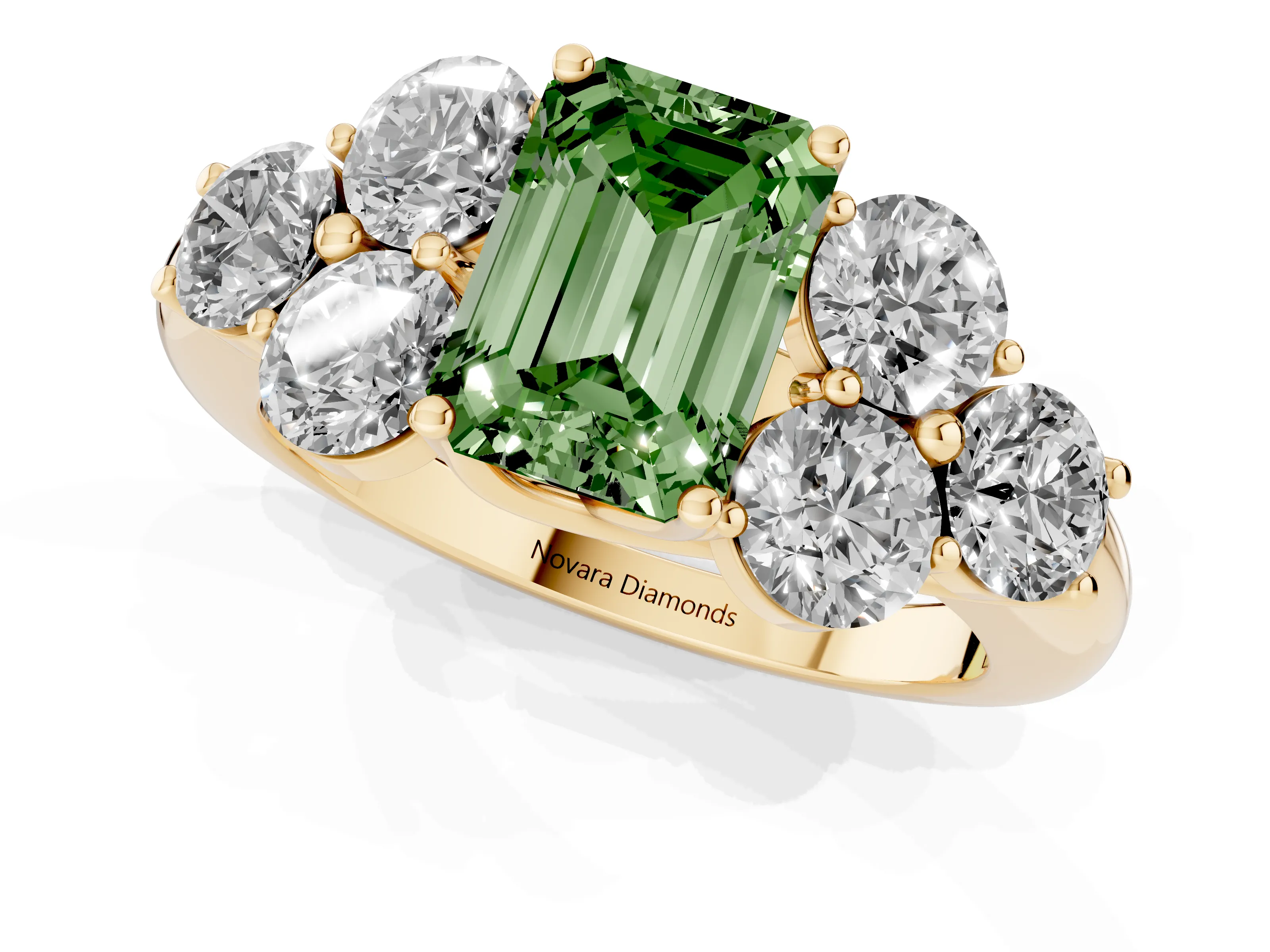 Fancy Green Emerald Cut Diamond Cluster Ring Set in Yellow gold with Round Accent Stones and Prong Setting on a Plain Band