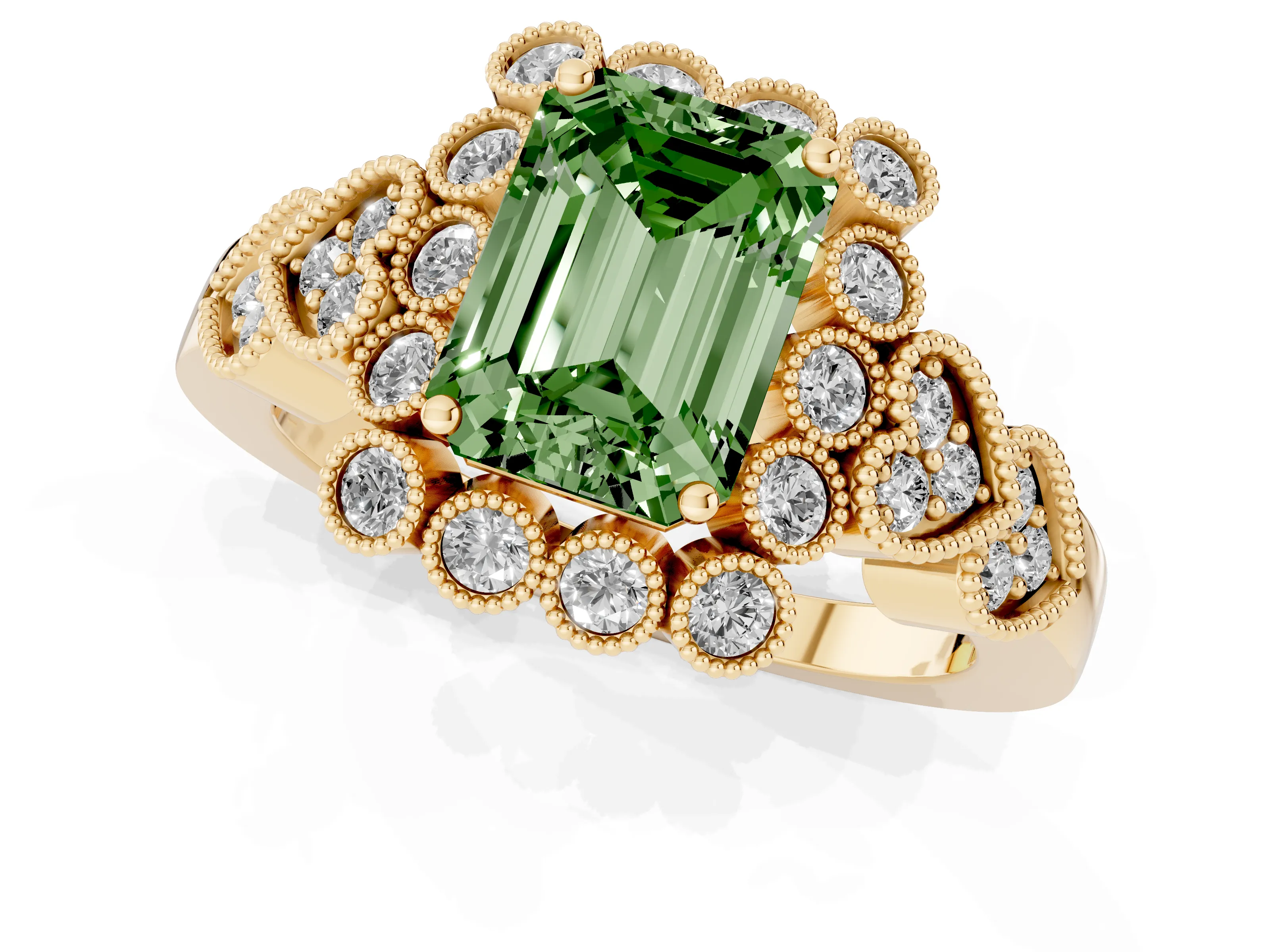 Fancy Green Emerald Cut Diamond Solitaire Ring Set in Yellow gold with Milgrain Pavé Heart Band
