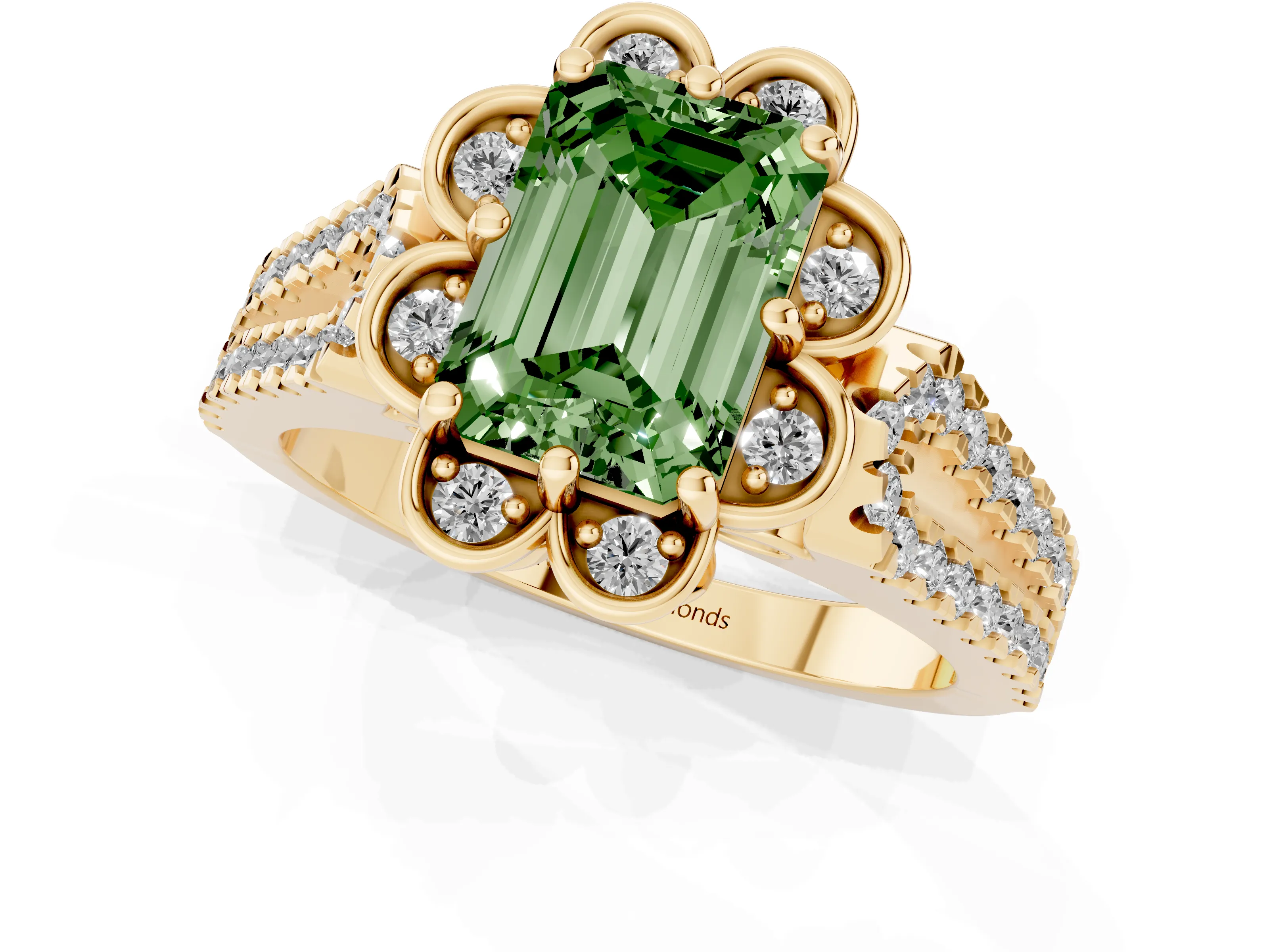 Fancy Green Emerald Cut Diamond Floral Halo Split Shank Engagement Ring Set in Yellow gold with Pavé Shank
