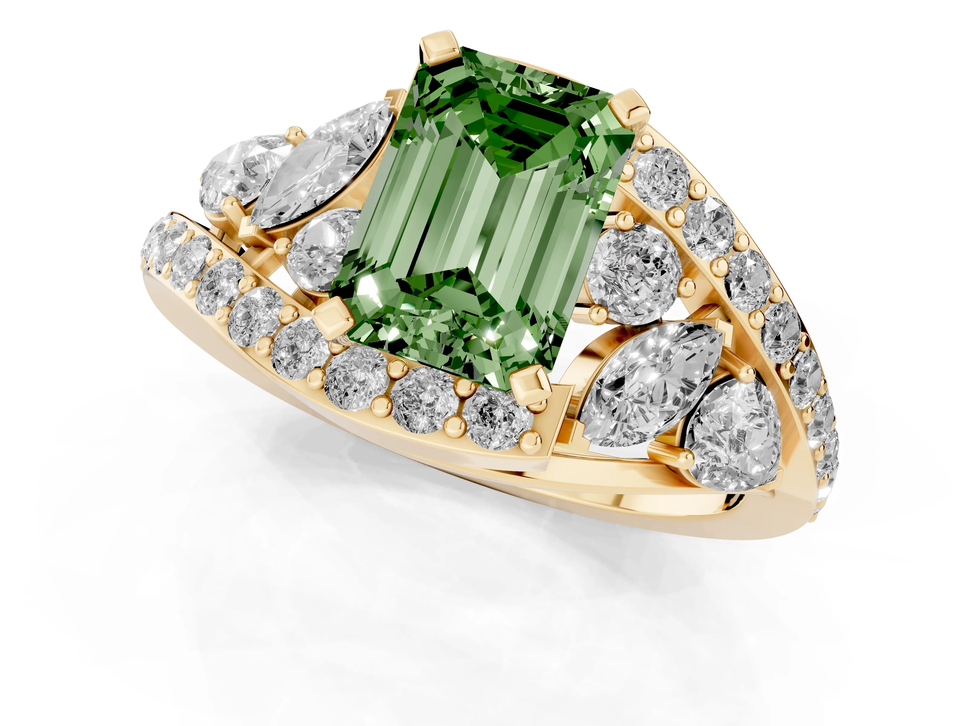 Fancy Green Emerald Cut Diamond Halo Ring Set in Yellow gold with Marquise and Pavé Band in Prong Setting