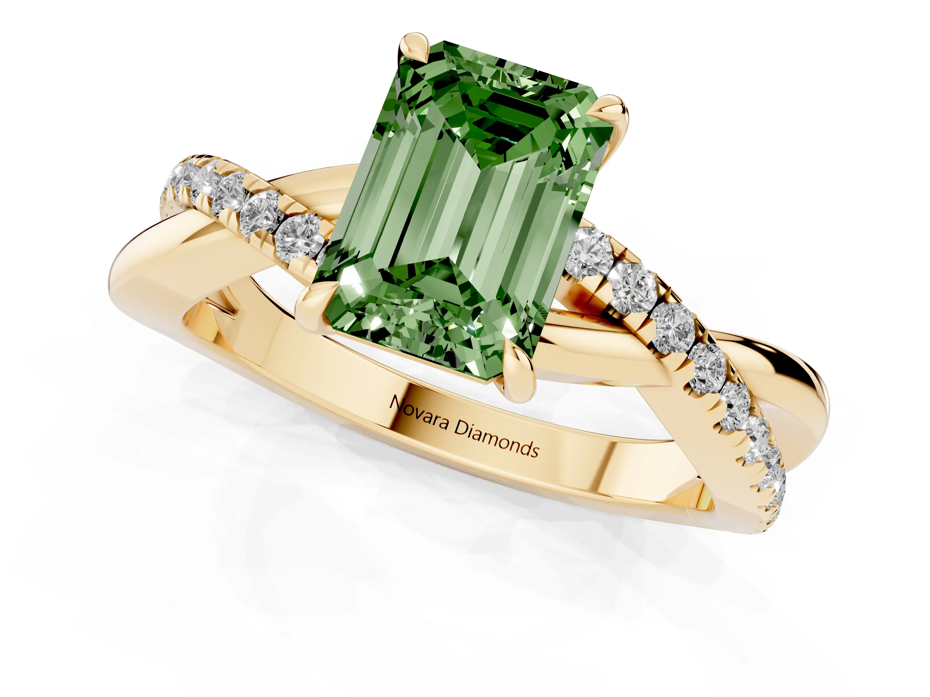 Fancy Green Emerald Cut Diamond Twisted Pavé Band Ring Set in Yellow gold with Prong Setting