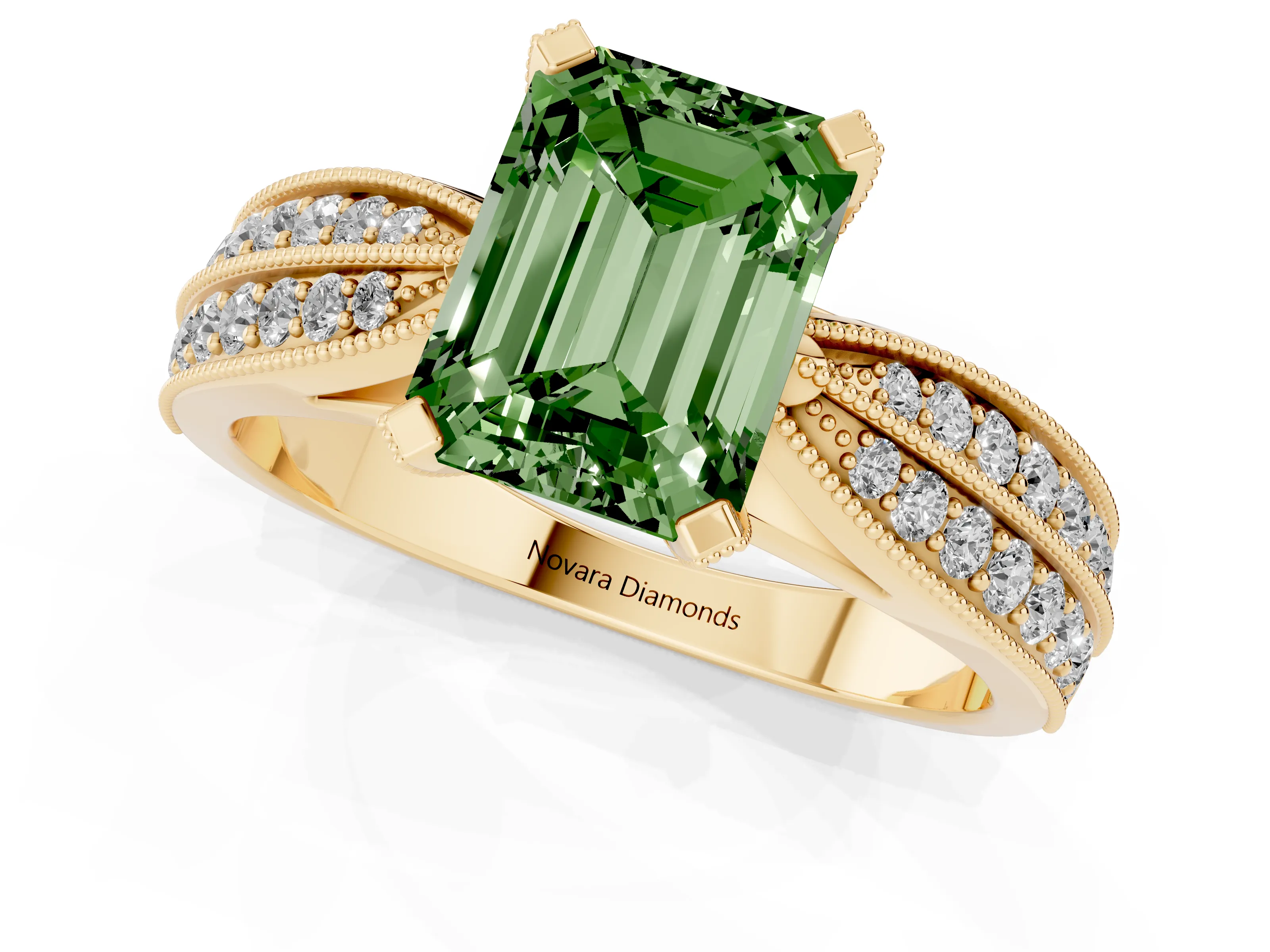 Fancy Green Emerald Cut Diamond Solitaire Ring Set in Yellow gold with Milgrain Double Row Round Pavé Band