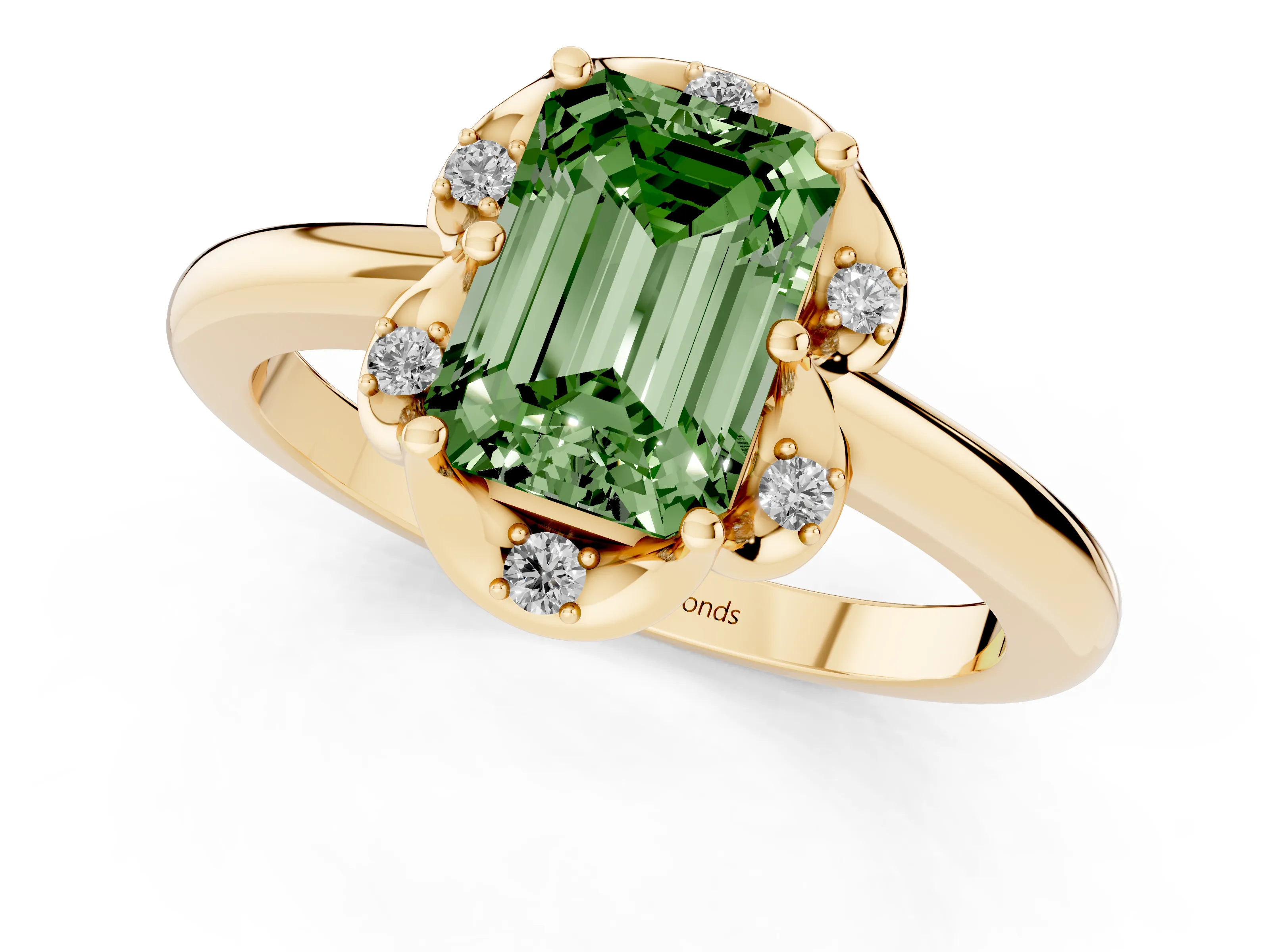 Fancy Green Emerald Cut Diamond Round Cluster Halo Ring Set in Yellow gold with Solitaire Band and Prong Setting