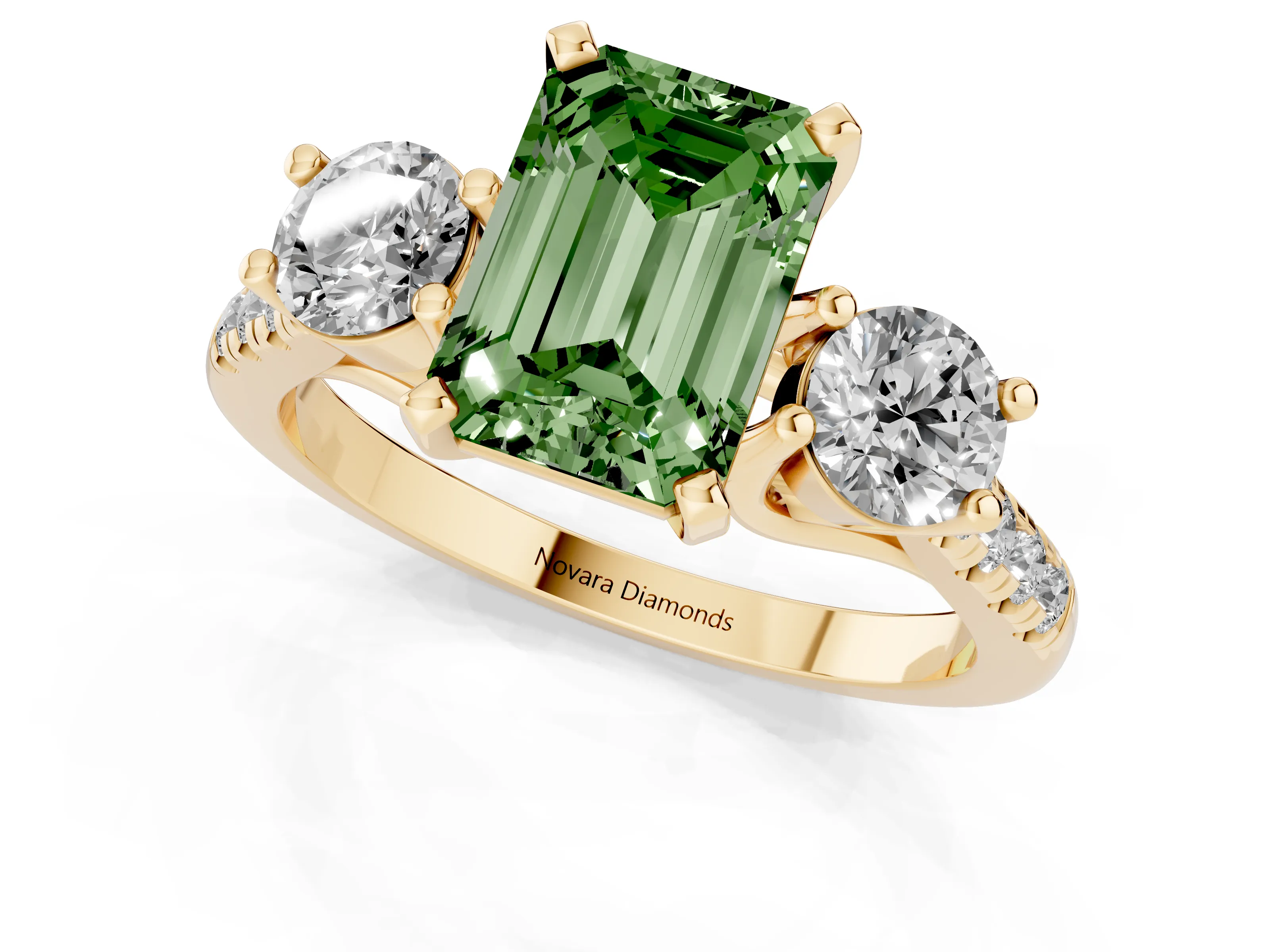Fancy Green Three-Stone Emerald Cut Diamond Pavé Band Ring Set in Yellow gold with Prong-Set Trio