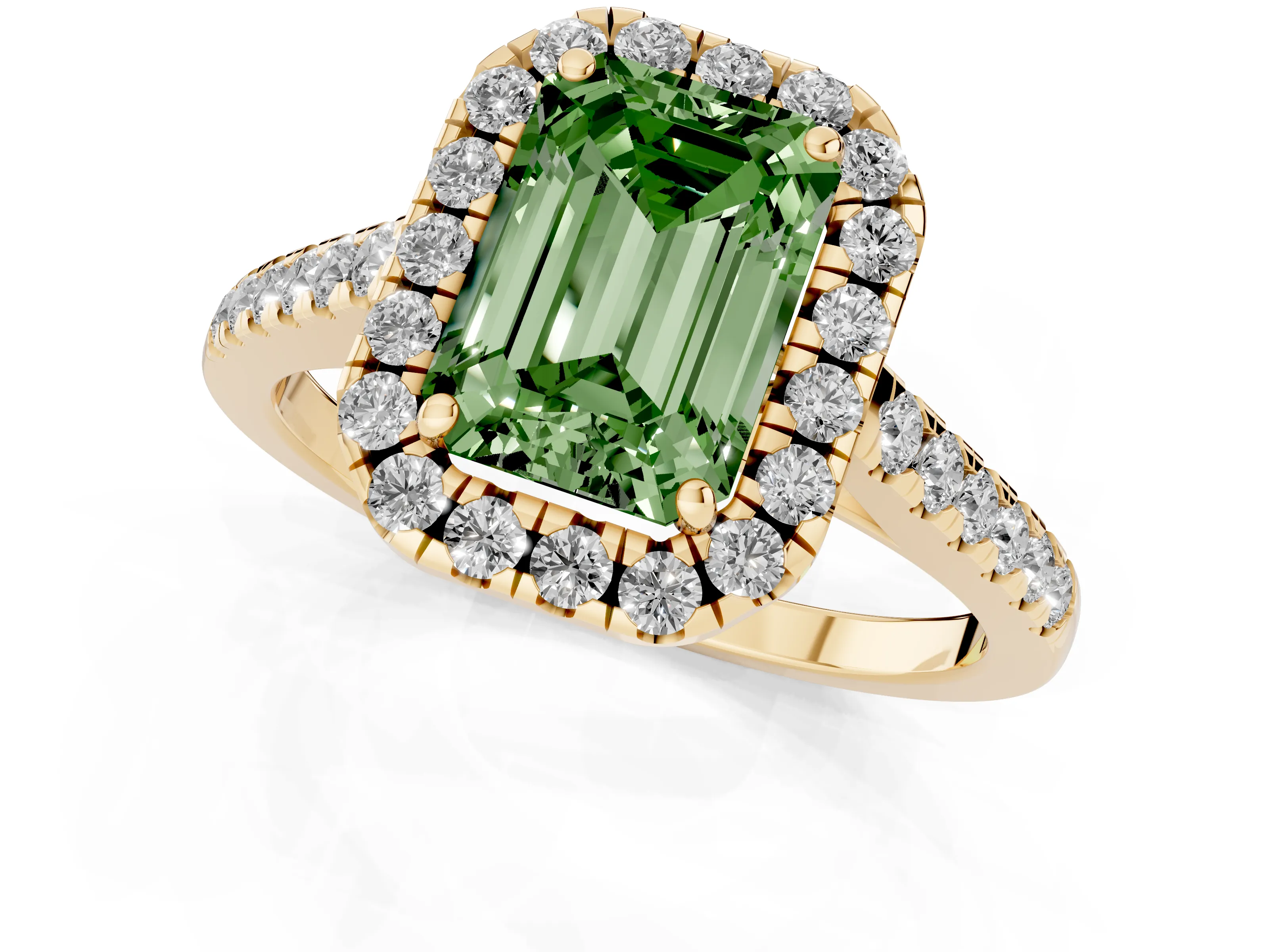 Fancy Green Emerald Cut Diamond Halo Pavé Engagement Ring Set in Yellow gold with Prong Setting