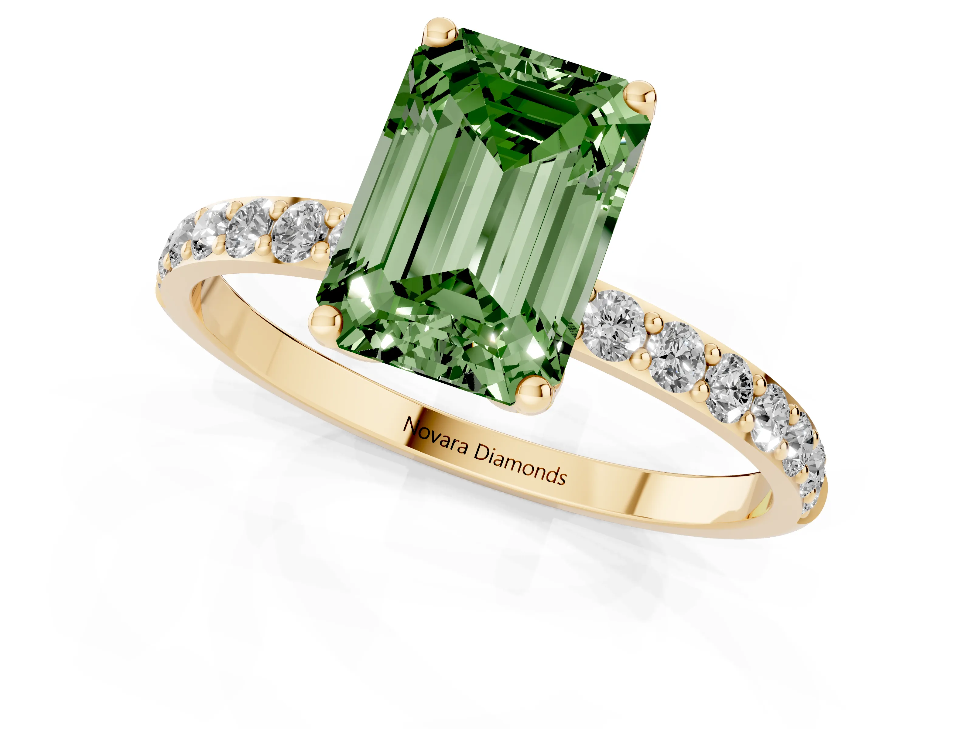 Fancy Green Emerald Cut Diamond Solitaire Engagement Ring Set in Yellow gold with Round Pavé Band and Prong Setting