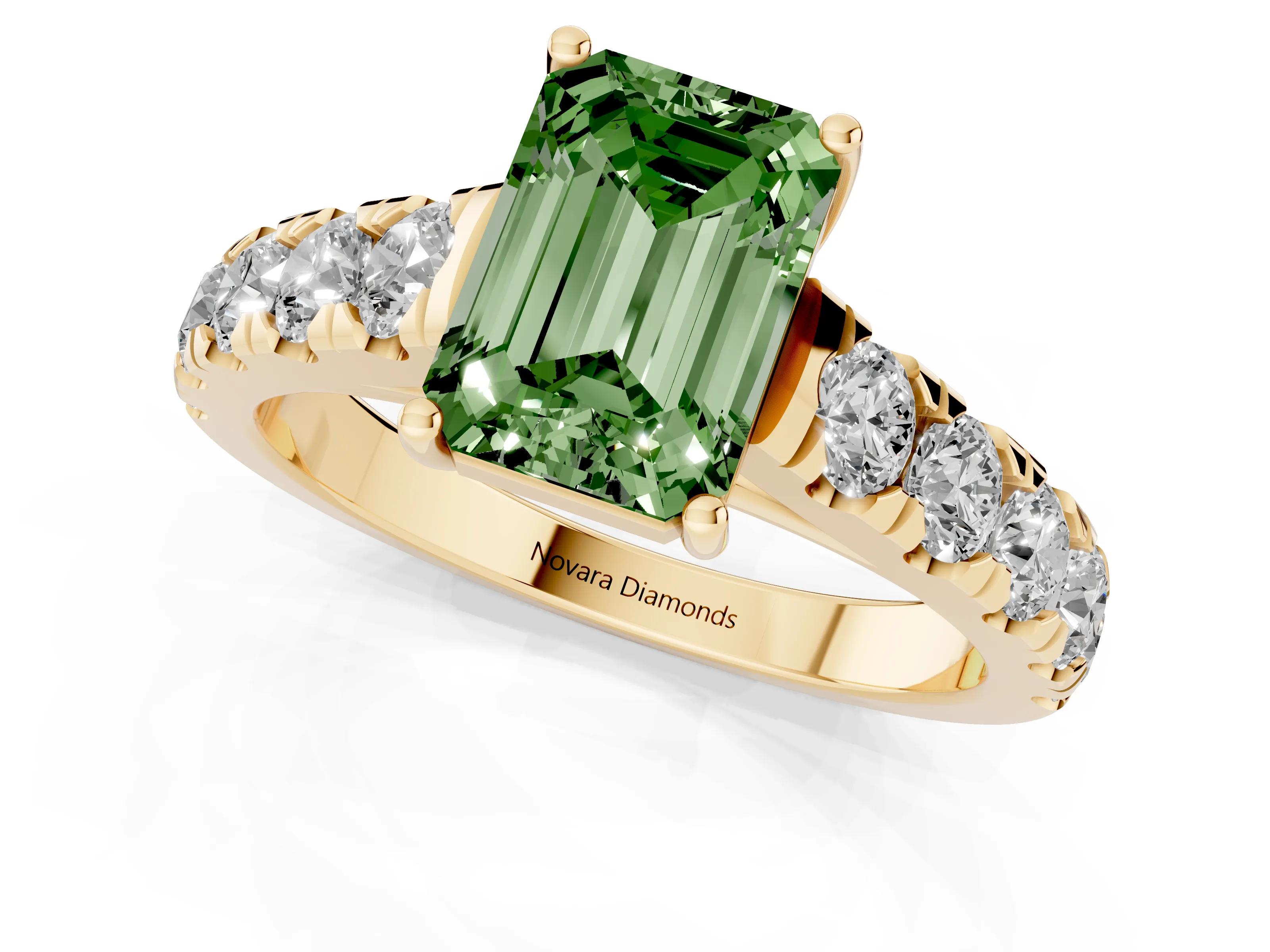Fancy Green Emerald Cut Diamond Solitaire Ring Set in Yellow gold with Cut-Down Micro Pavé Band and Prong Setting