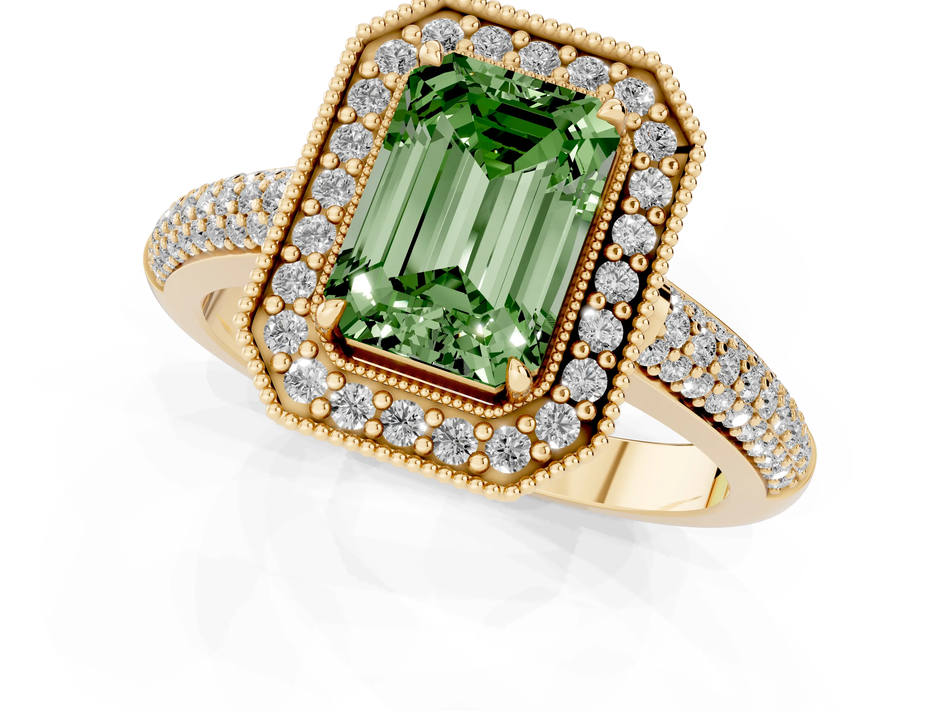 Fancy Green Emerald Cut Diamond Halo Pavé Band Set in Yellow gold with Prong Setting