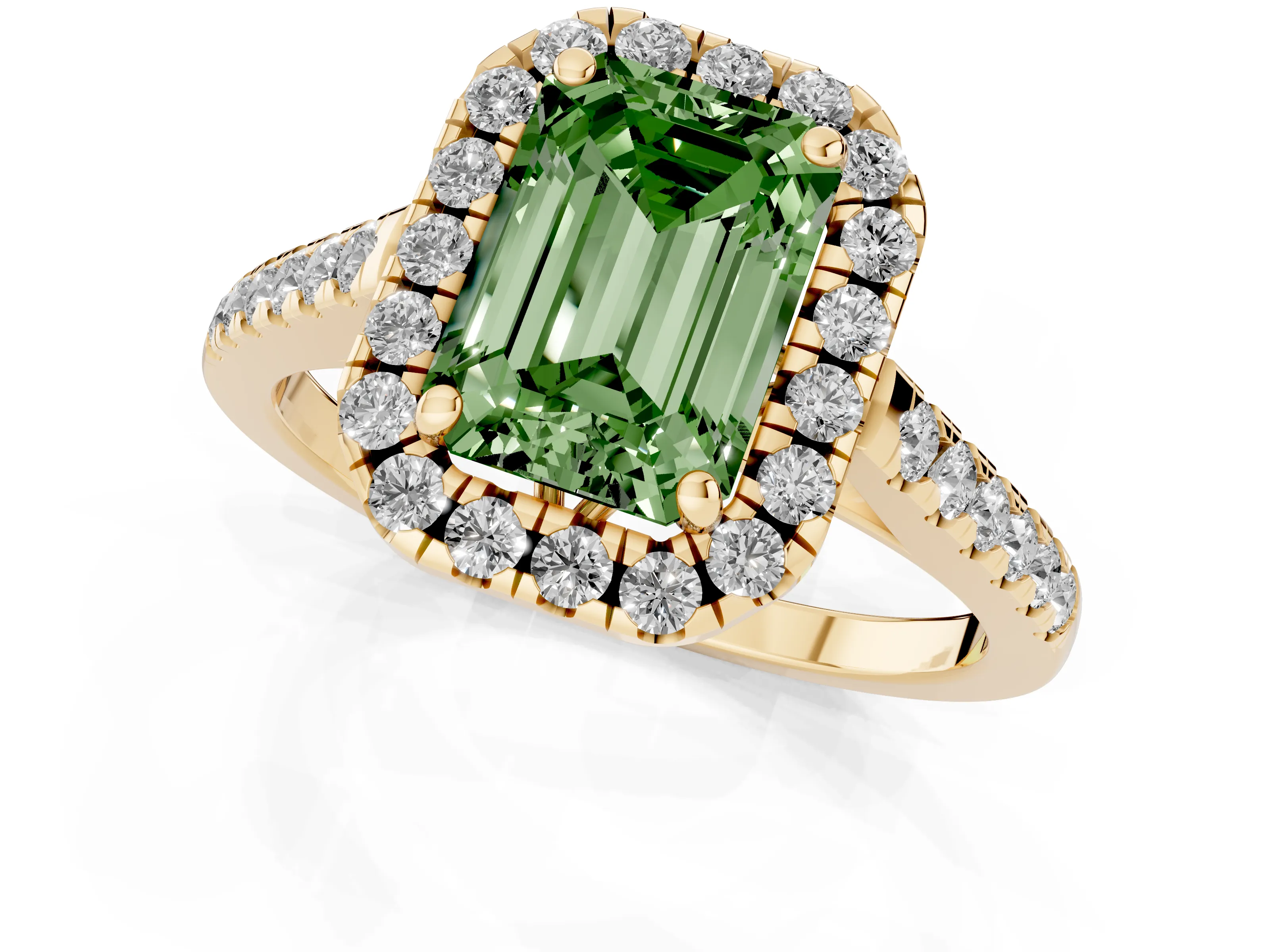Fancy Green Emerald Cut Diamond Pavé Halo Engagement Ring Set in Yellow gold with Pavé Band and Prong Setting