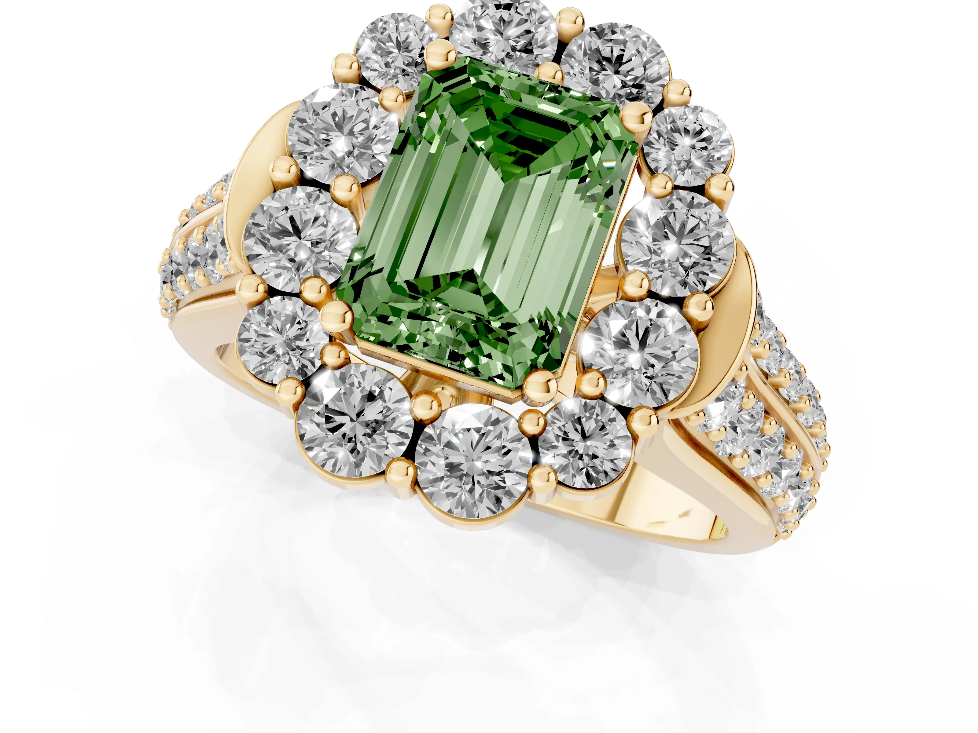 Fancy Green Emerald Cut Diamond Halo Engagement Ring Set in Yellow gold with Split Shank and Prong Setting