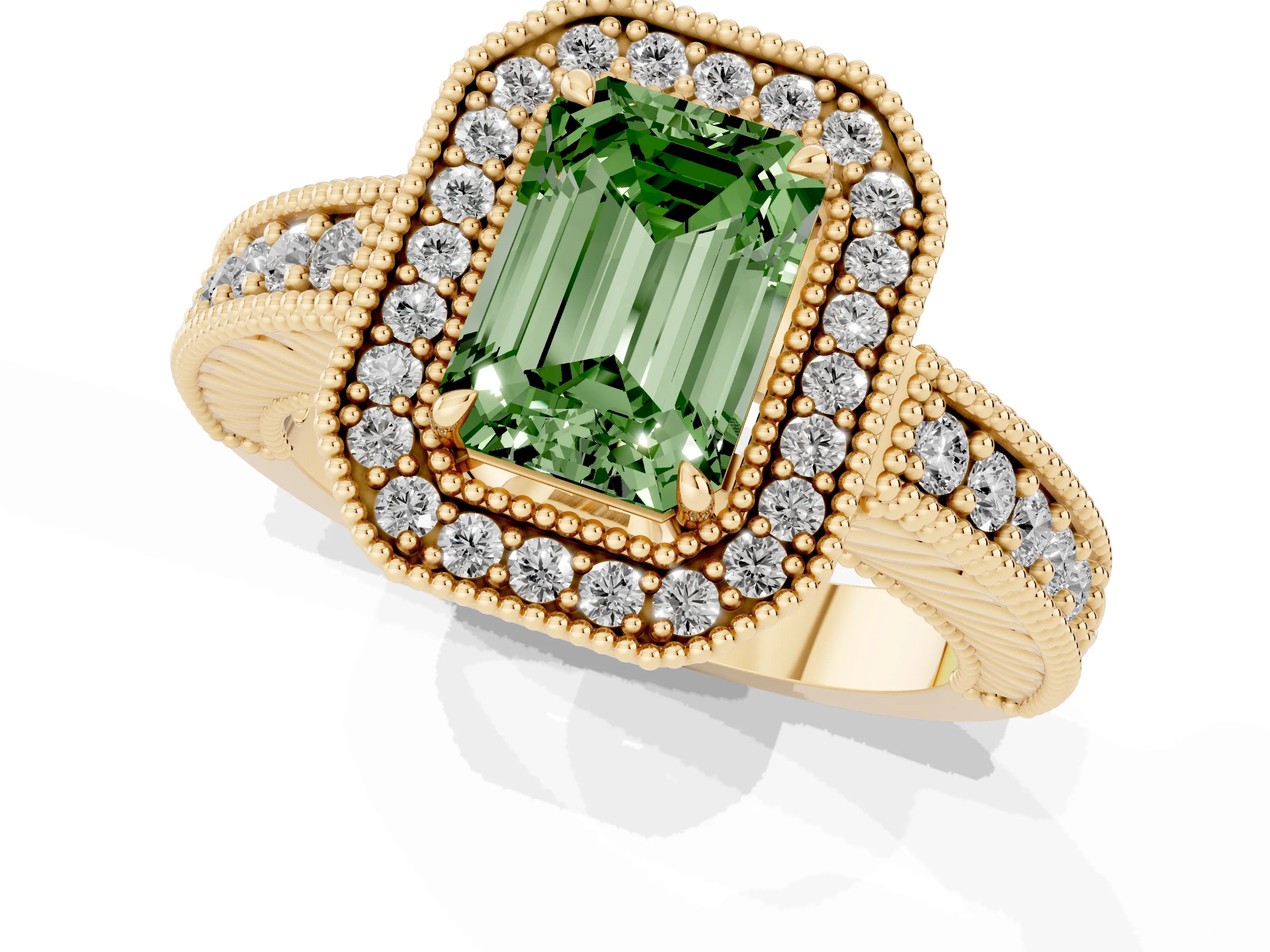 Fancy Green Emerald Cut Diamond Halo Ring Set in Yellow gold with Round Accent Halo, Pavé Band and Prong Setting