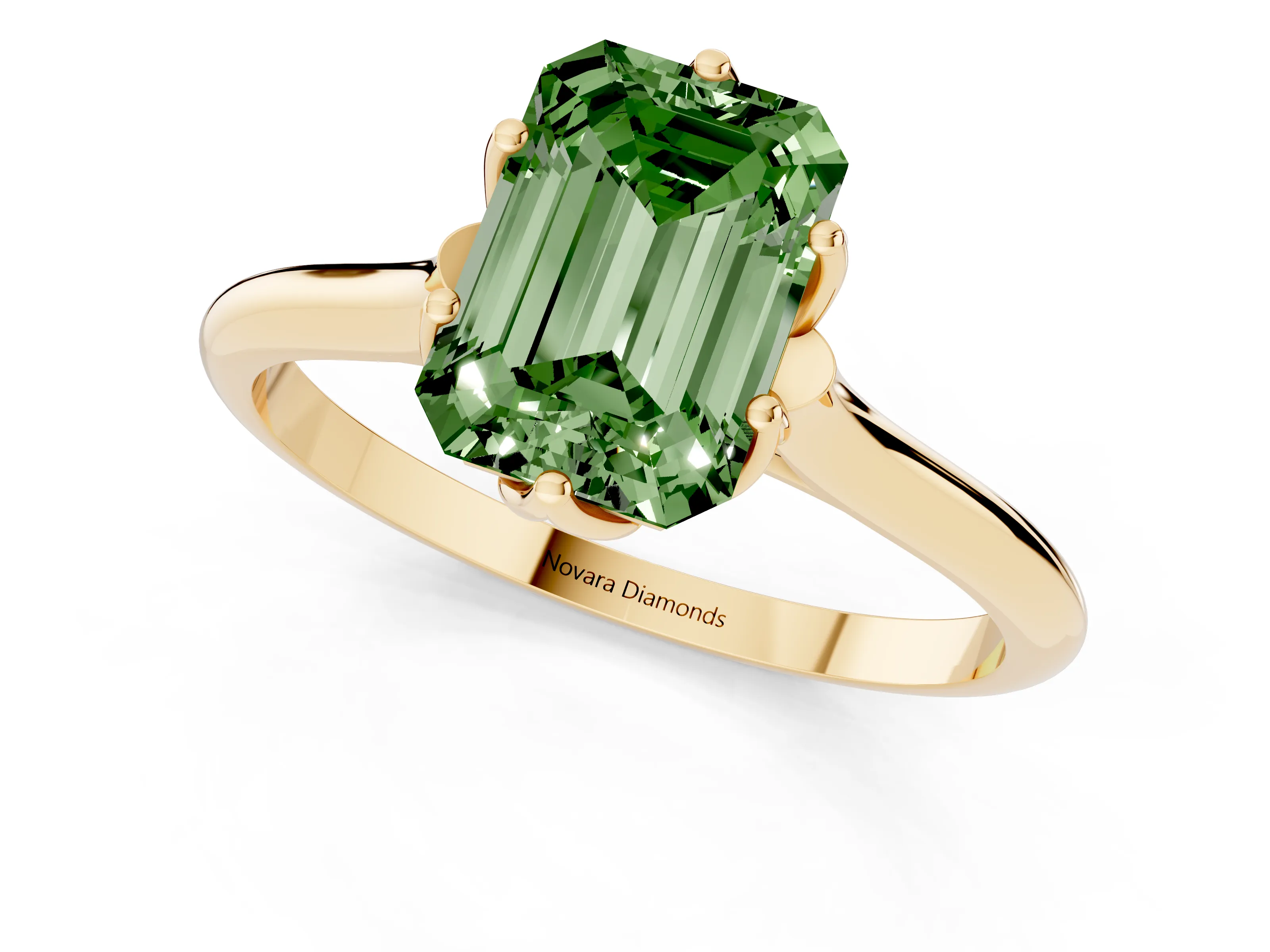 Fancy Green Emerald Cut Diamond Solitaire Cathedral Ring Set in Yellow gold with Prong Setting