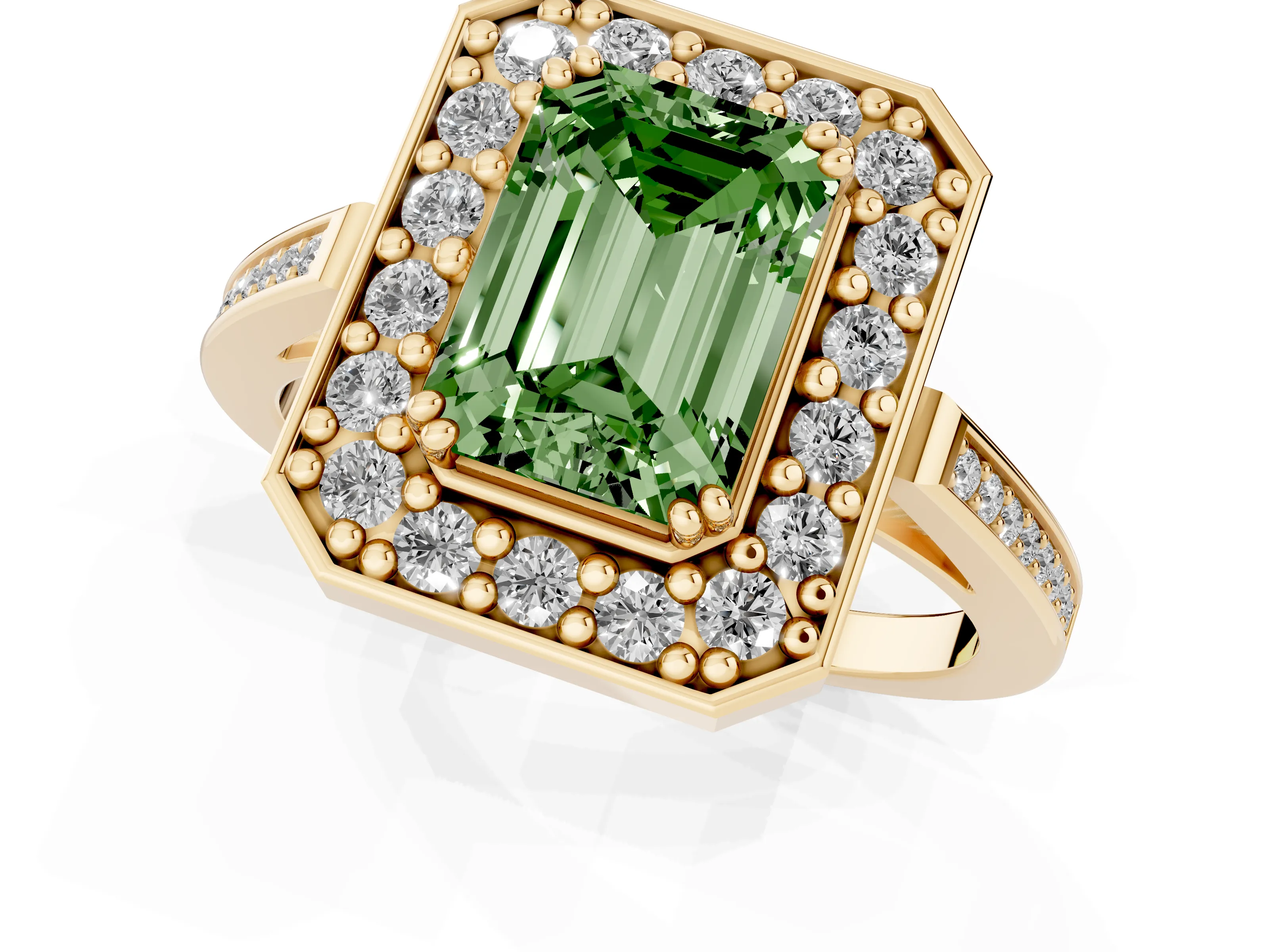 Fancy Green Emerald Cut Diamond Halo Ring Set in Yellow gold with Accent-Lined Split Shank and Prong Setting