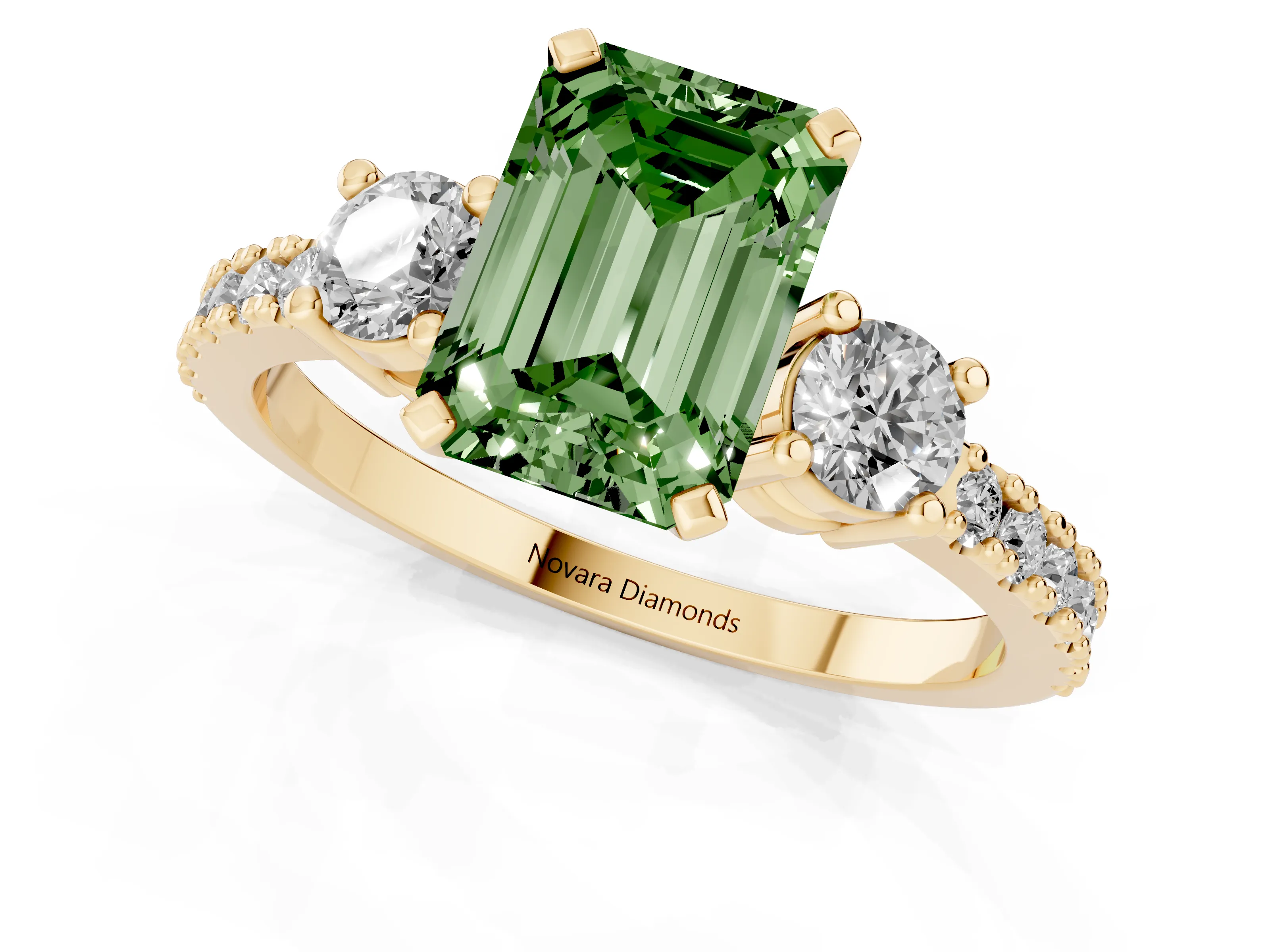 Fancy Green Three-Stone Emerald Cut Diamond Pavé Band Ring Set in Yellow gold with Prong Setting