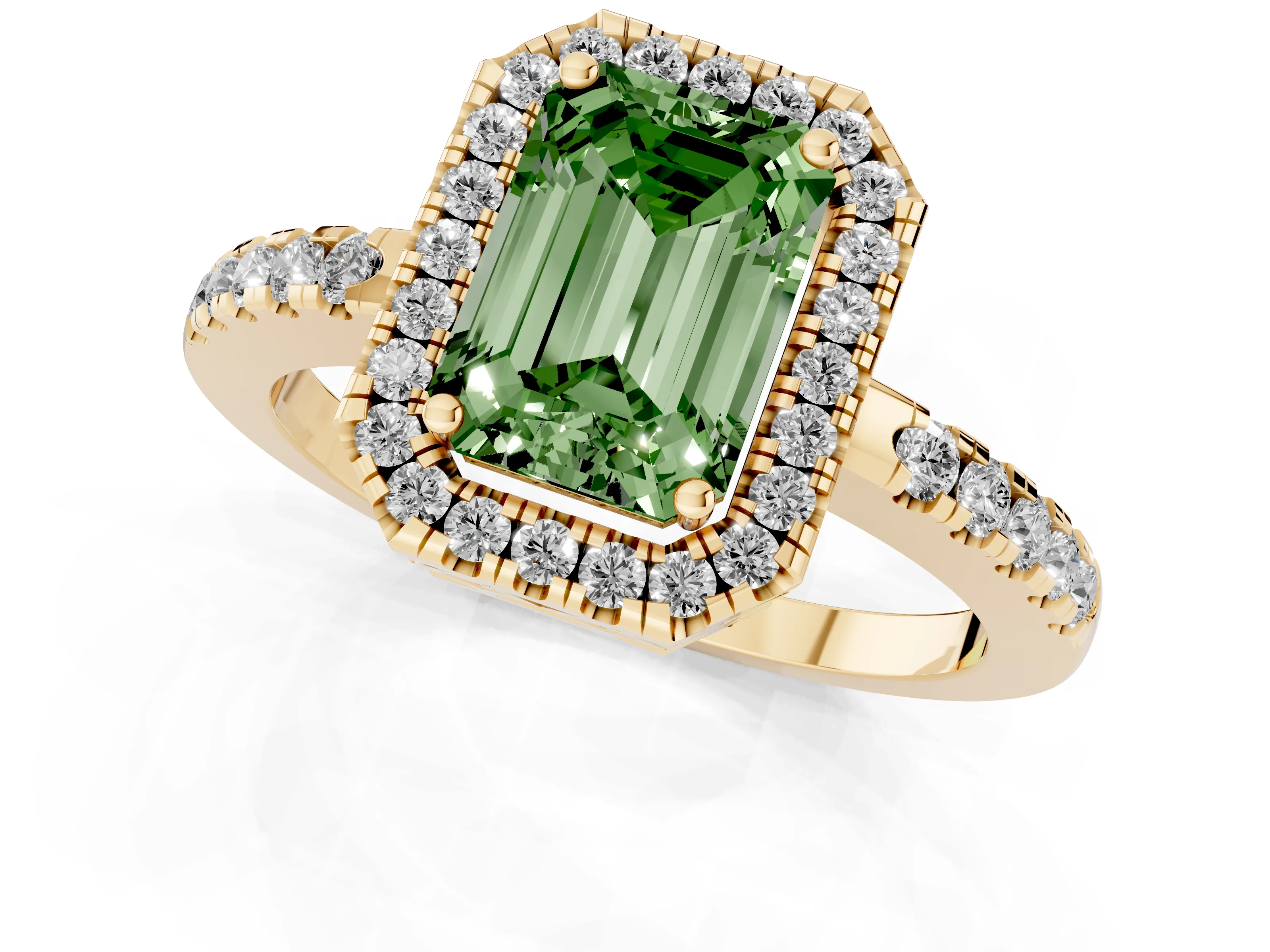 Fancy Green Emerald Cut Diamond Pavé Band Halo Engagement Ring Set in Yellow gold with Prong Setting
