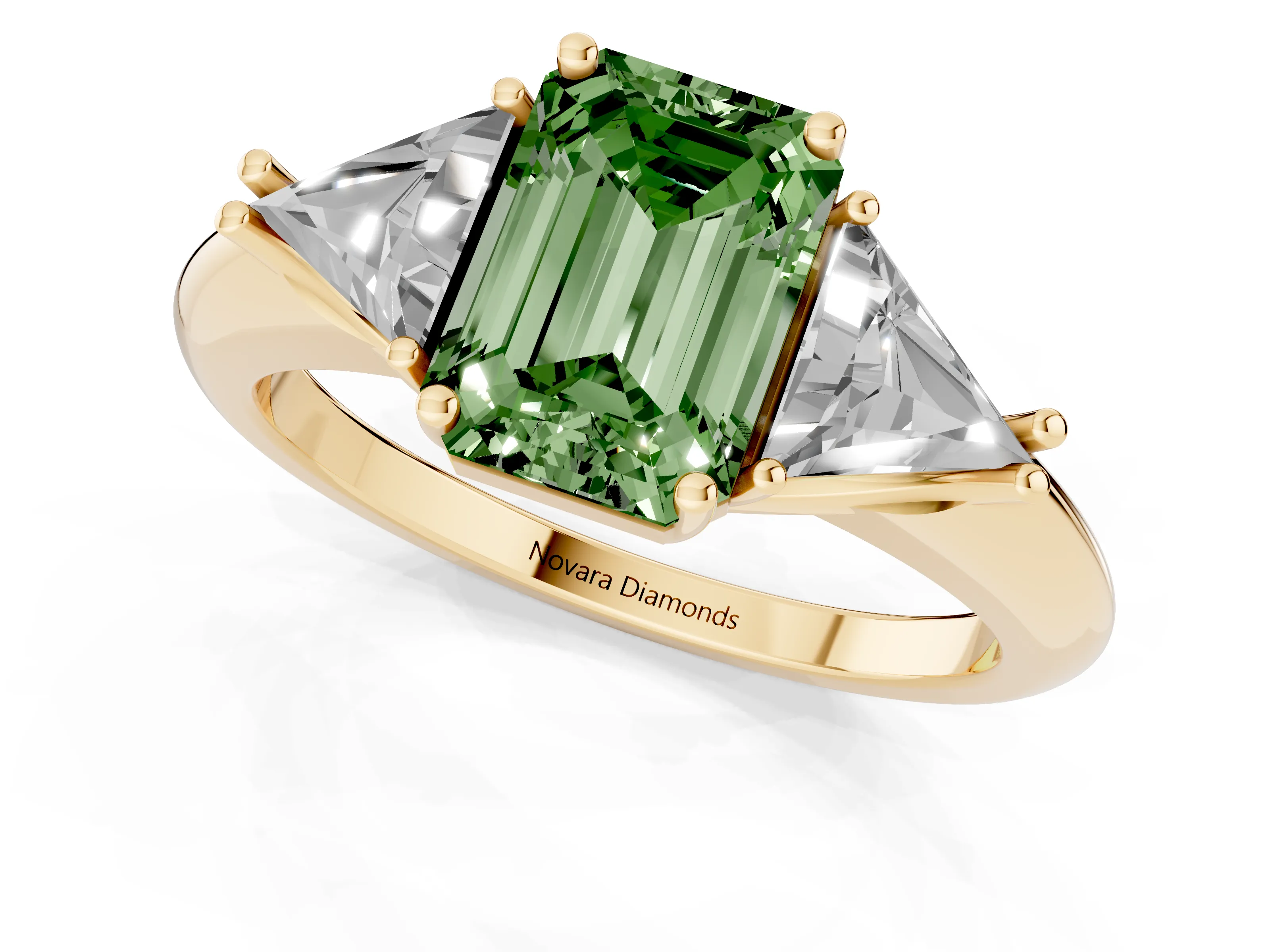 Fancy Green Emerald Cut Diamond Three-Stone Engagement Ring Set in Yellow gold with Trillion Side Stones