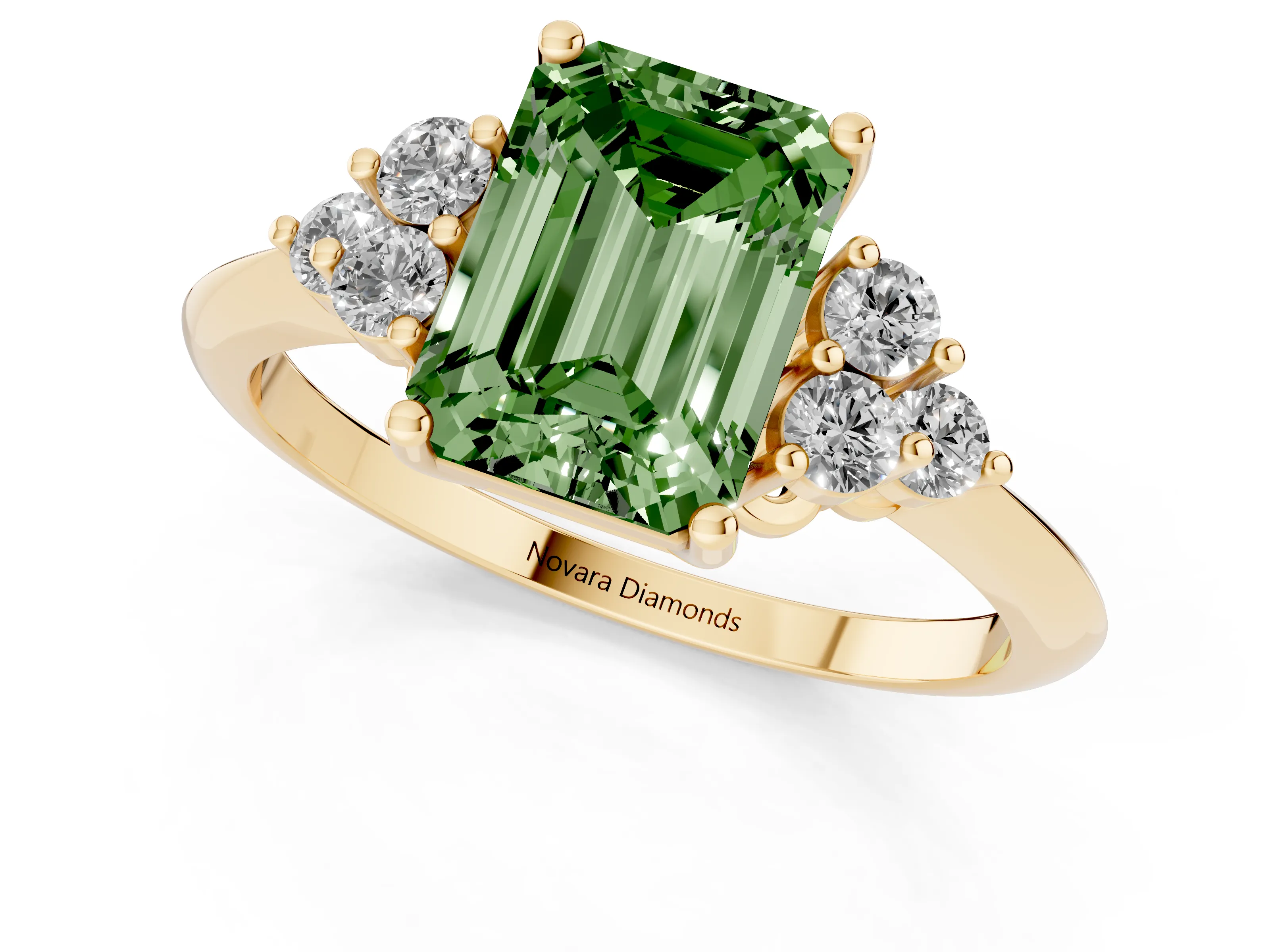 Fancy Green Emerald Cut Diamond Cluster Ring Set in Yellow gold with Plain Band and Prong Setting