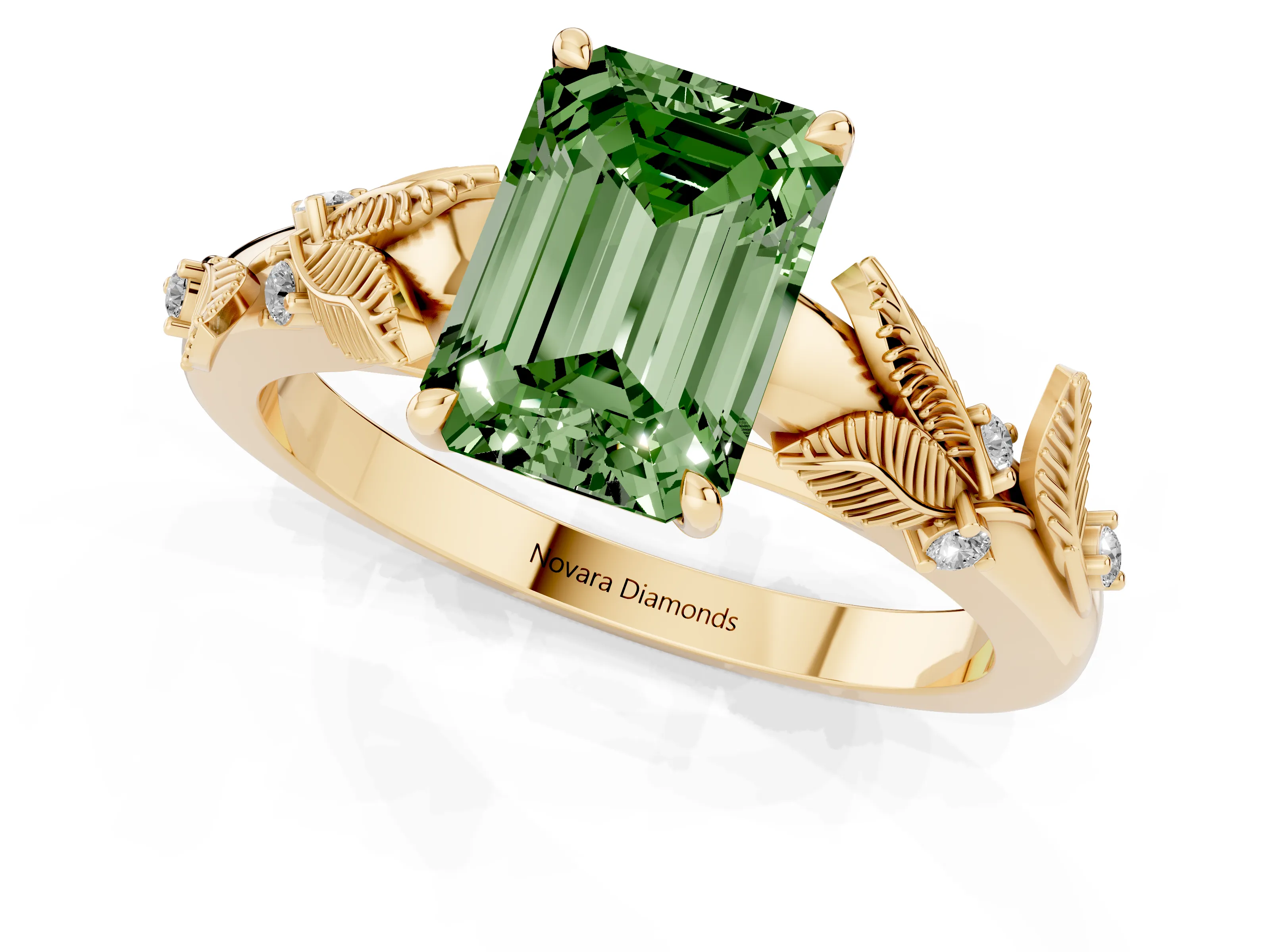 Fancy Green Emerald Cut Diamond Solitaire Ring Set in Yellow gold with Leaf Motif Band
