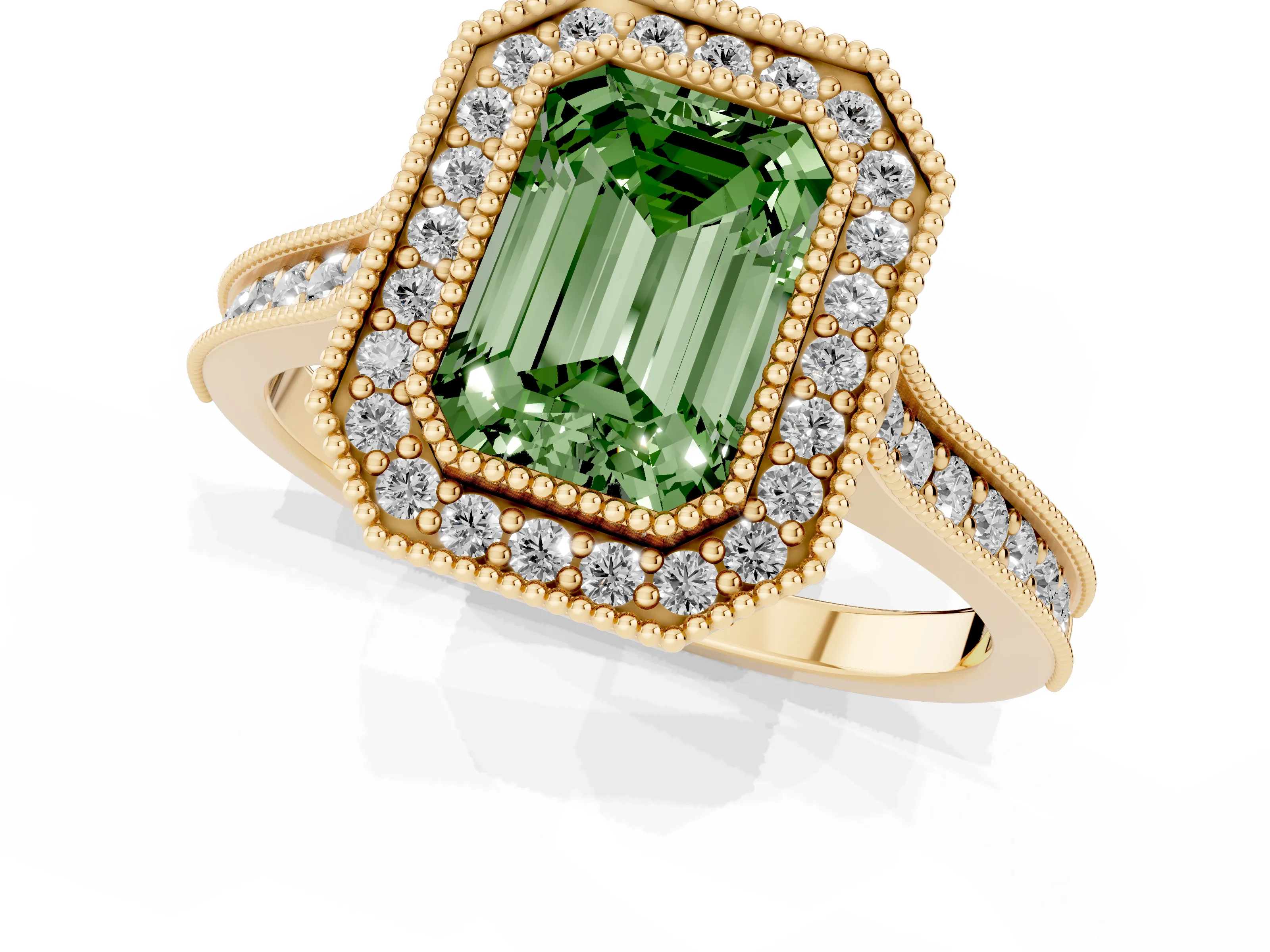 Fancy Green Emerald Cut Diamond Halo Milgrain Pavé Band Ring Set in Yellow gold with Prong Setting