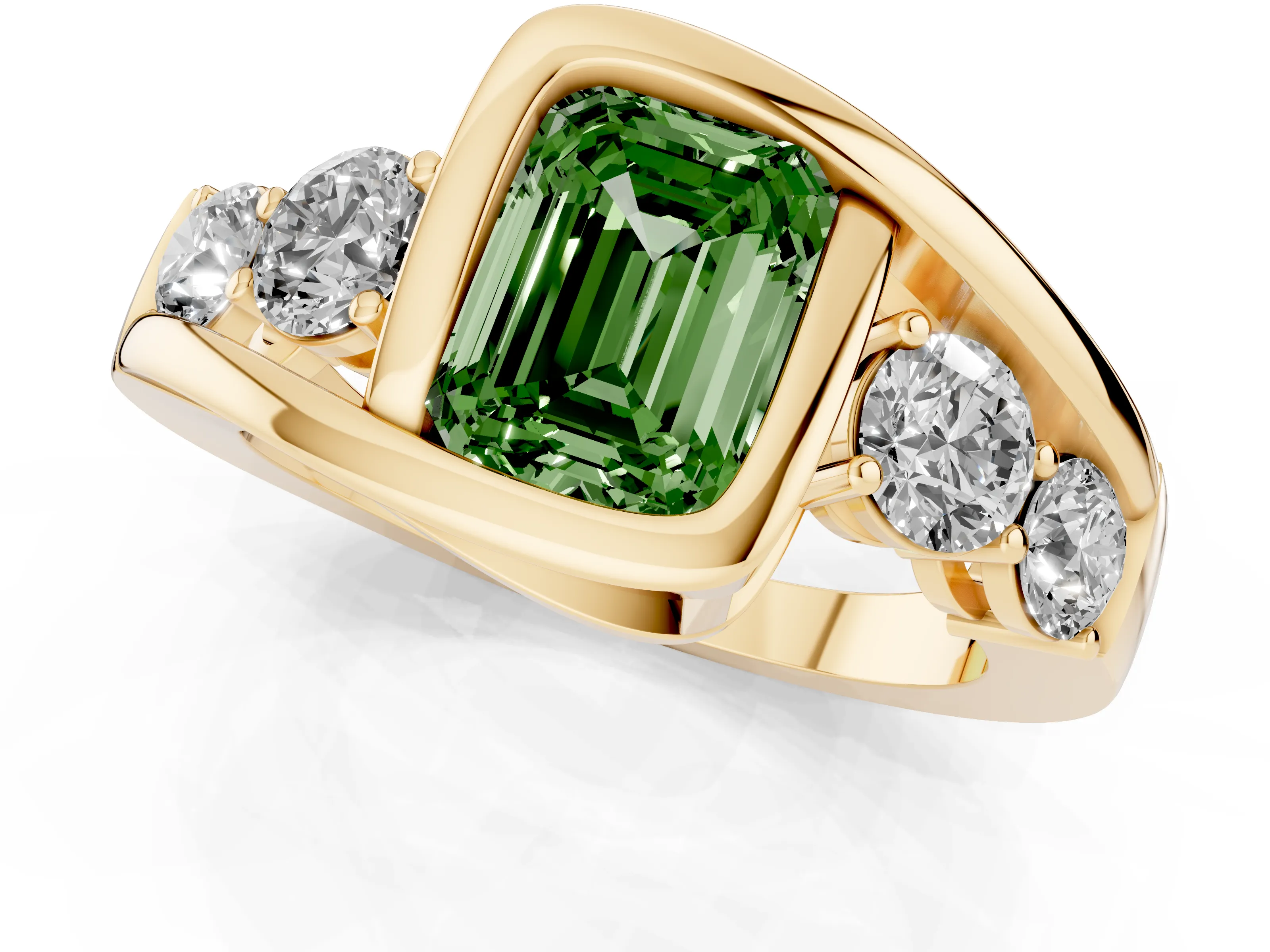 Fancy Green Emerald Cut Diamond Bezel Bypass Ring Set in Yellow gold with Round Accents