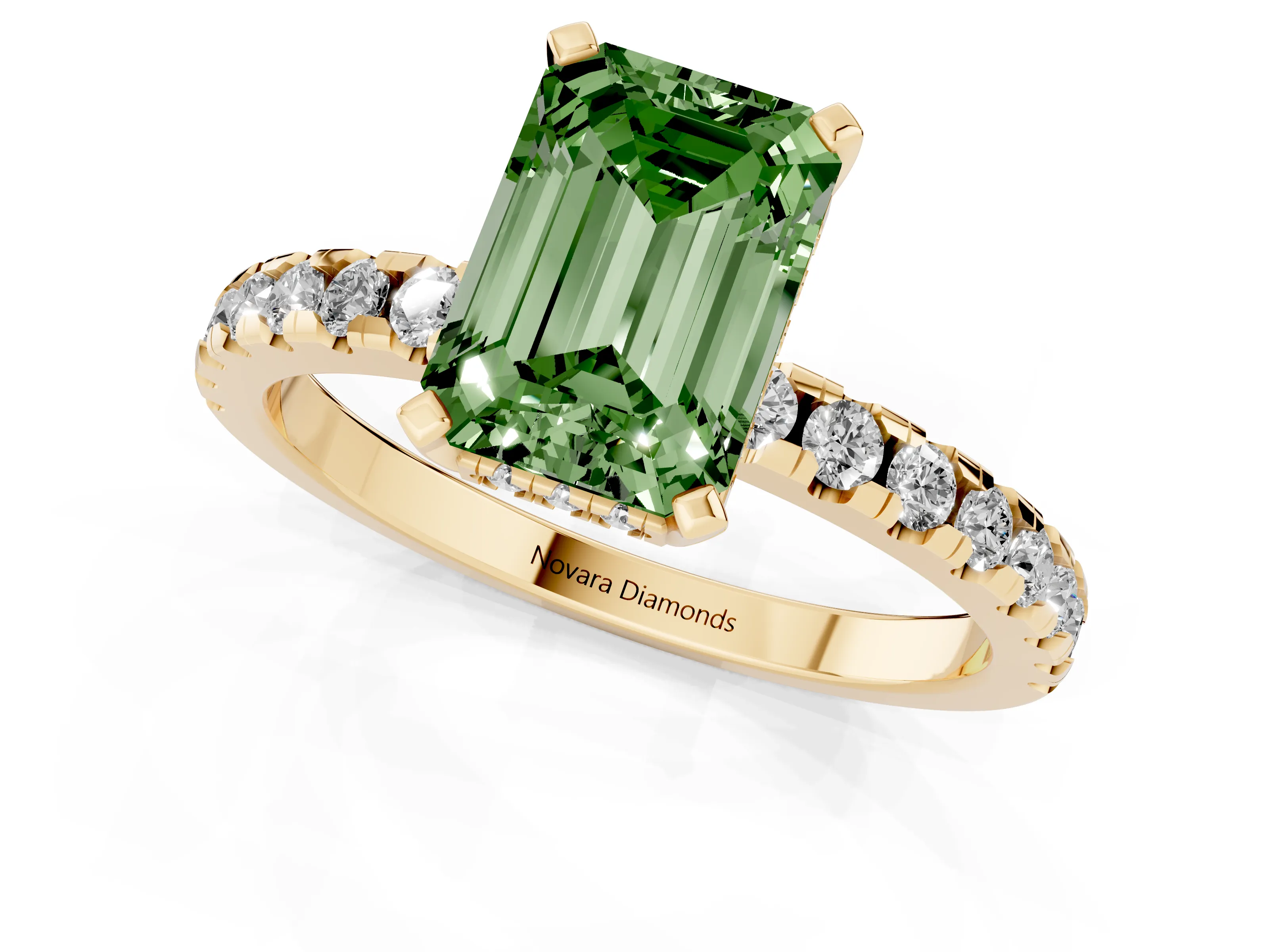 Fancy Green Emerald Cut Diamond Pavé Solitaire Ring Set in Yellow gold with Round Band Accents and Prong Setting