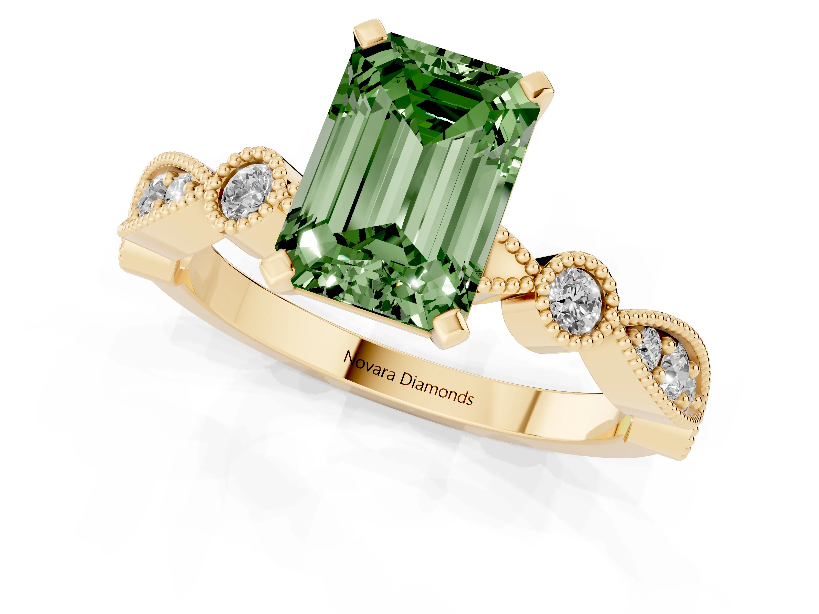 Fancy Green Emerald Cut Diamond Solitaire Engagement Ring Set in Yellow gold with Milgrain Bezel Accent Band