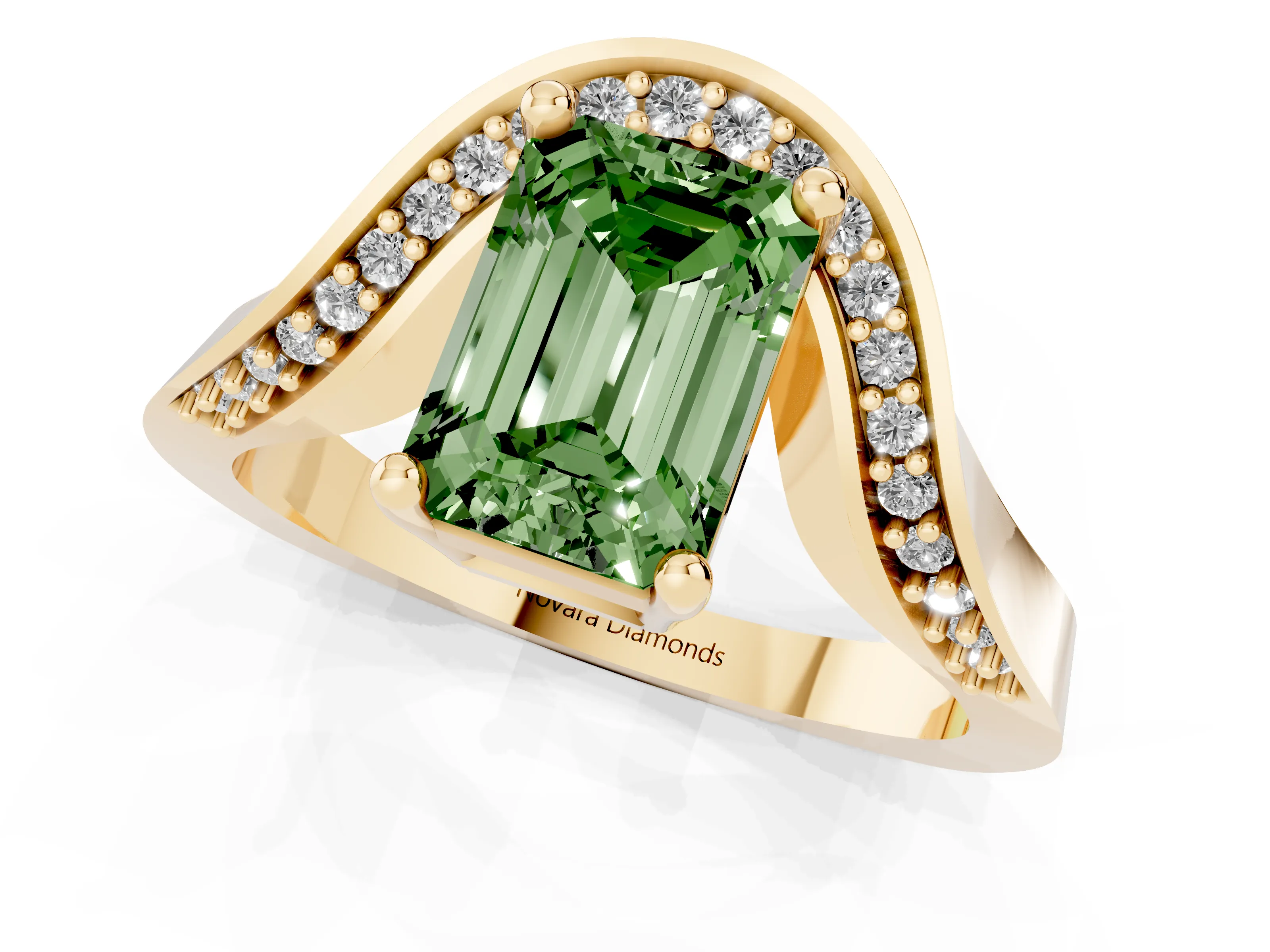 Fancy Green Emerald Cut Diamond Solitaire Engagement Ring Set in Yellow gold with Pavé Shoulders