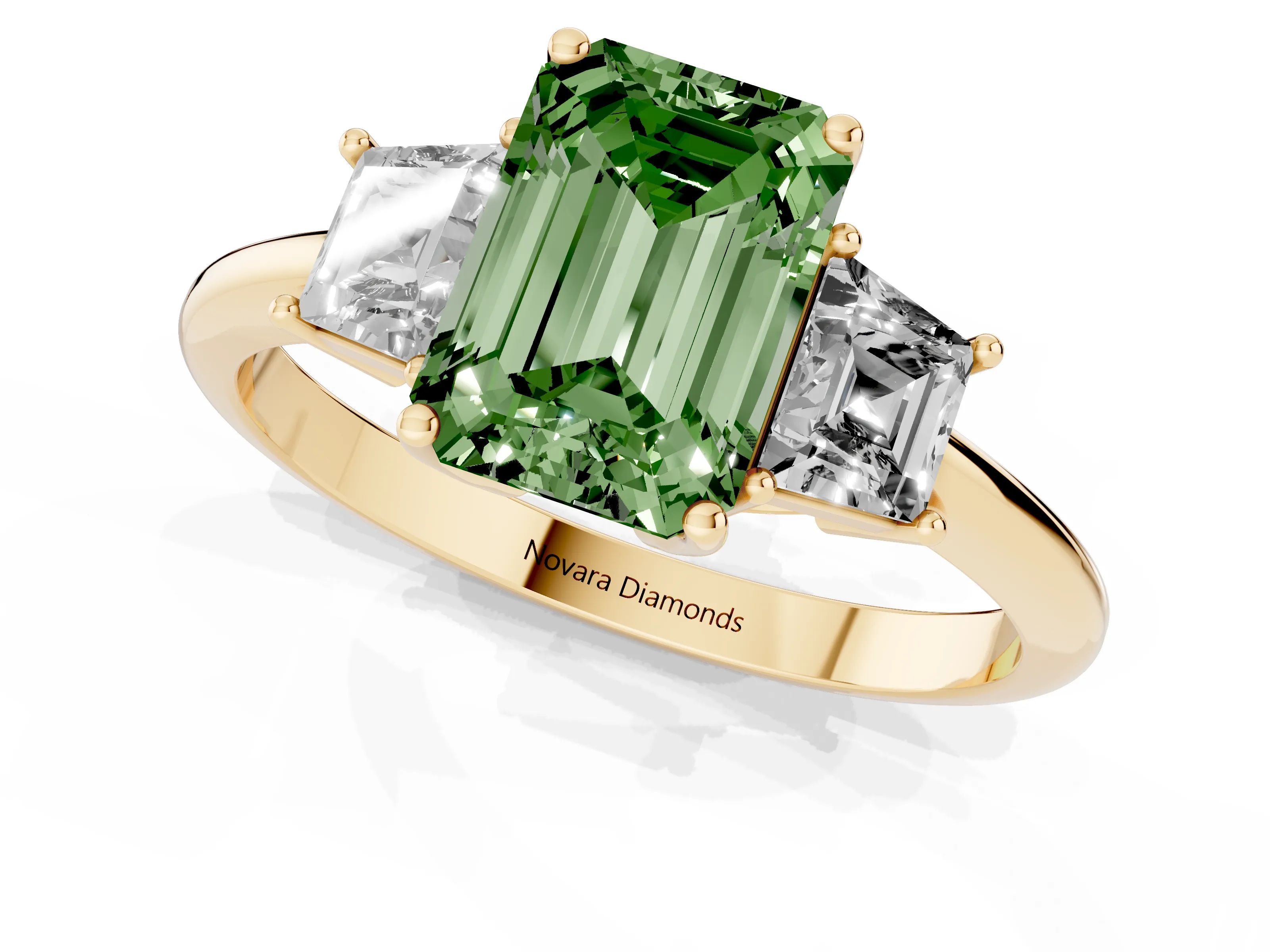 Fancy Green Emerald Cut Diamond Three-Stone Ring Set in Yellow gold with Trapezoid Side Stones and Prong Setting