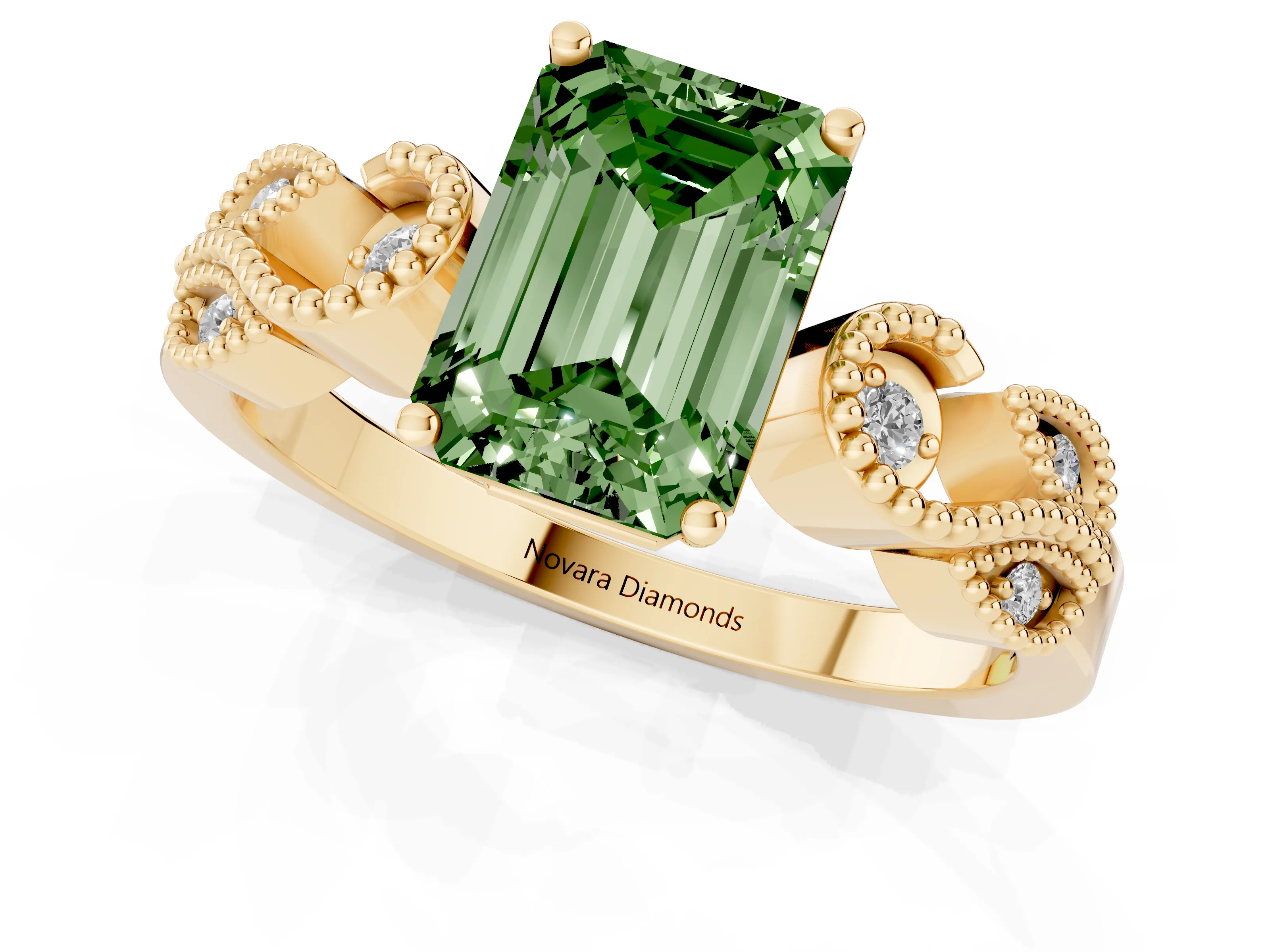 Fancy Green Emerald Cut Diamond Milgrain Leaf Band Solitaire Ring Set in Yellow gold with Accent Stones and Prong Setting