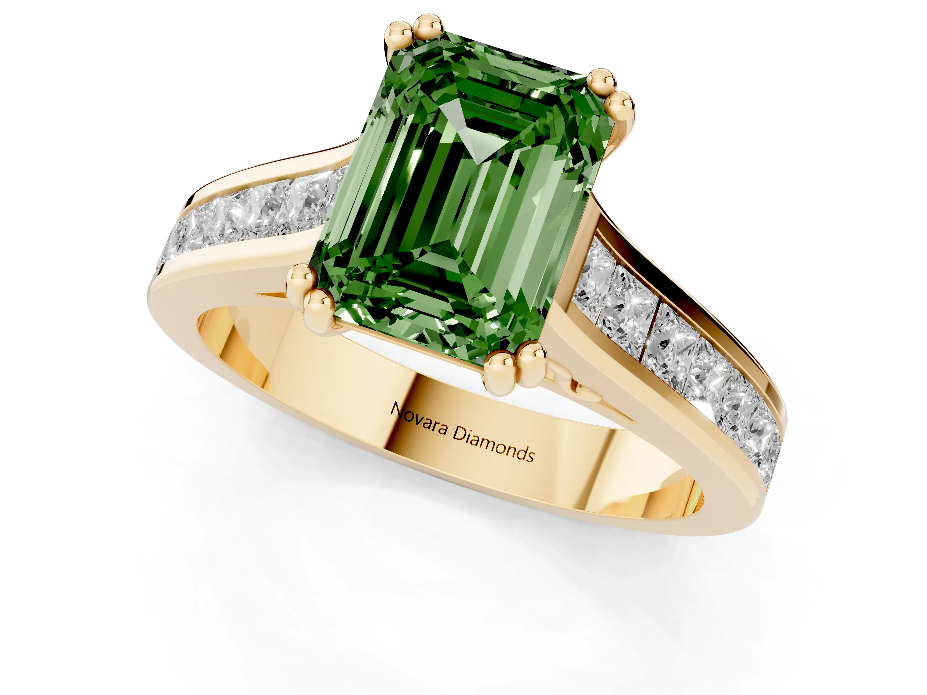 Fancy Green Emerald Cut Diamond Channel Set Solitaire Engagement Ring Set in Yellow gold with Prong Setting