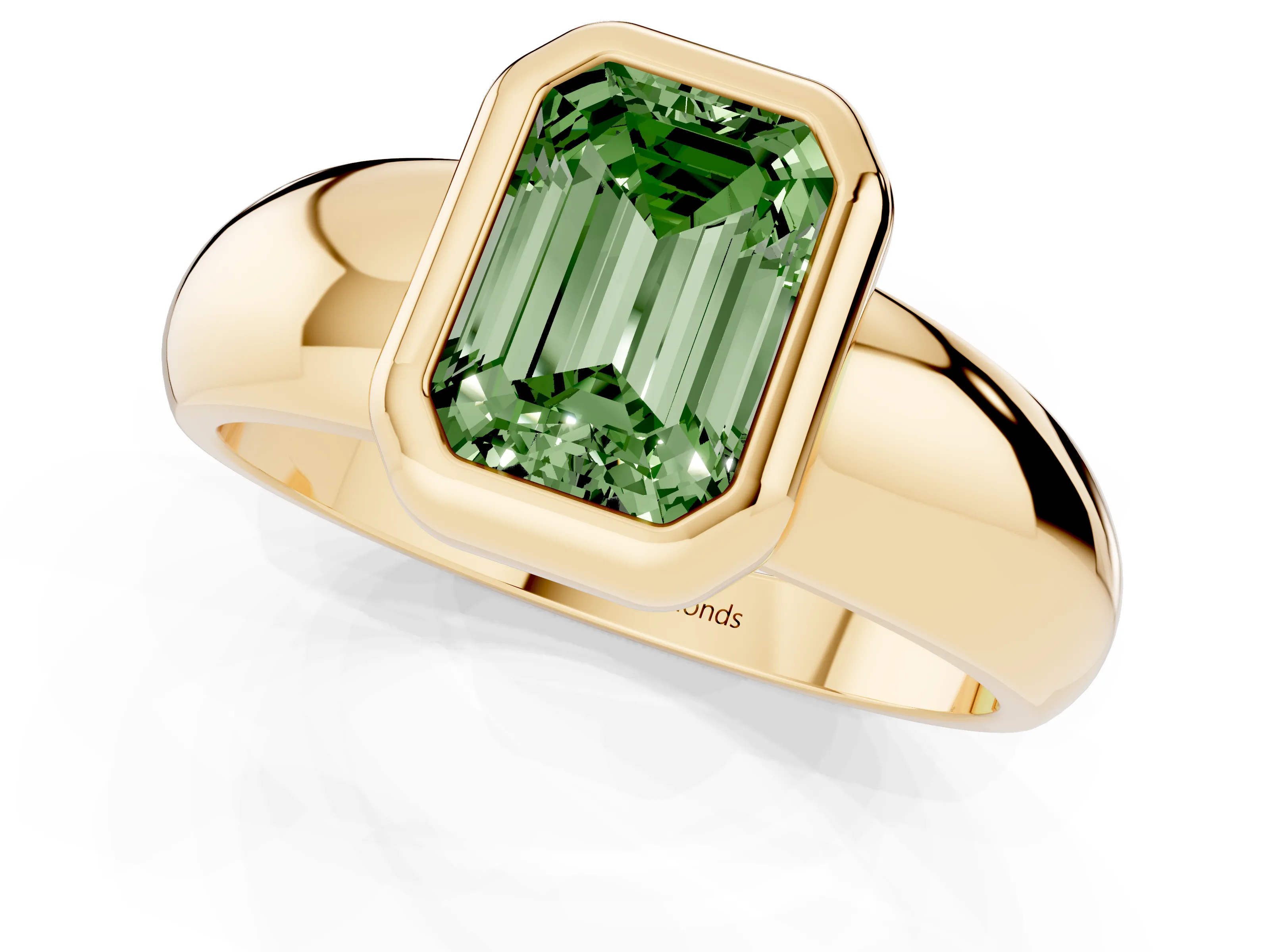 Fancy Green Bezel Set Emerald Cut Diamond Solitaire Ring Set in Yellow gold with Wide Band