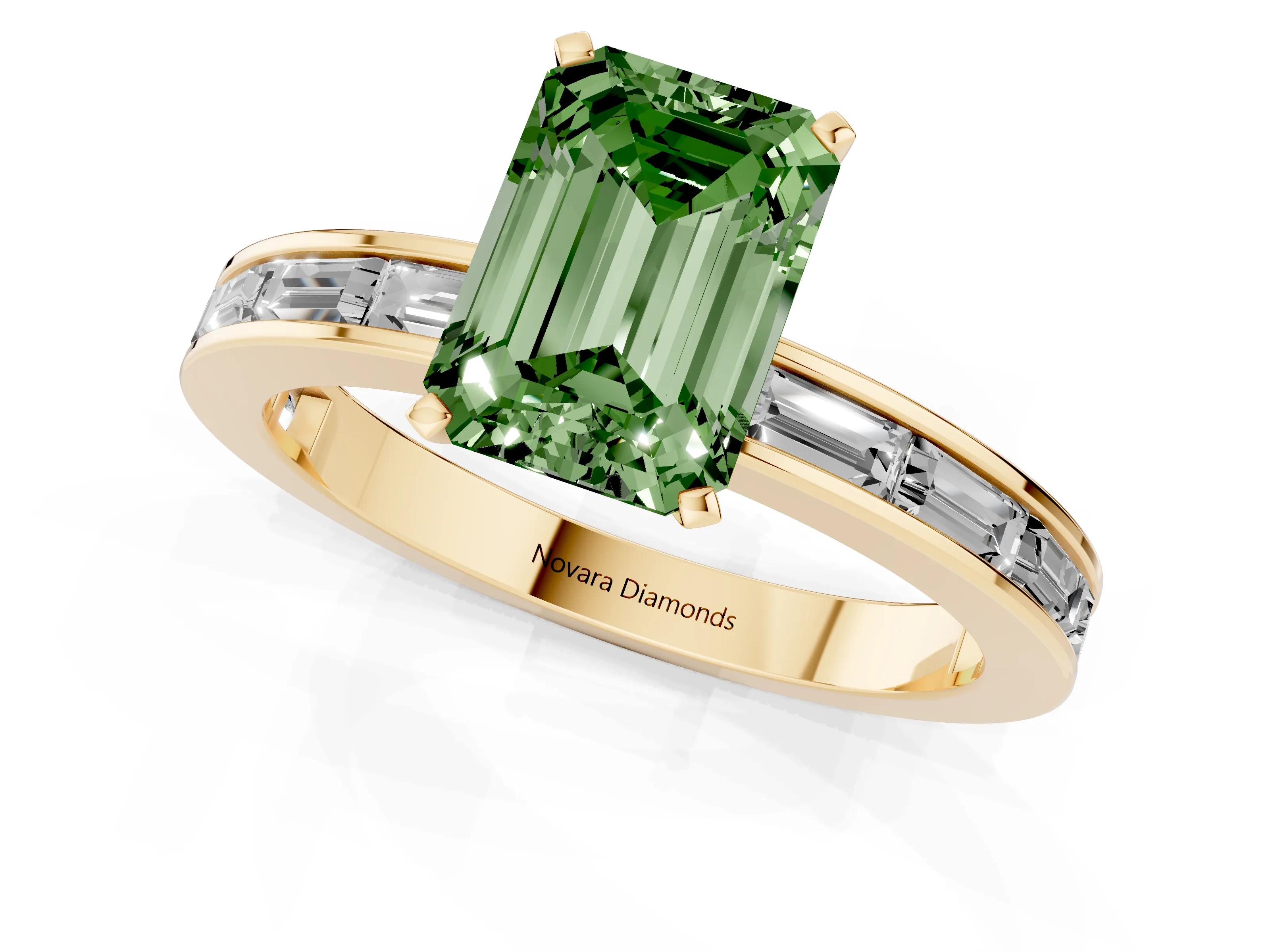 Fancy Green Emerald Cut Diamond Solitaire Ring Set in Yellow gold with Channel-Set Baguette Band and Prong Setting