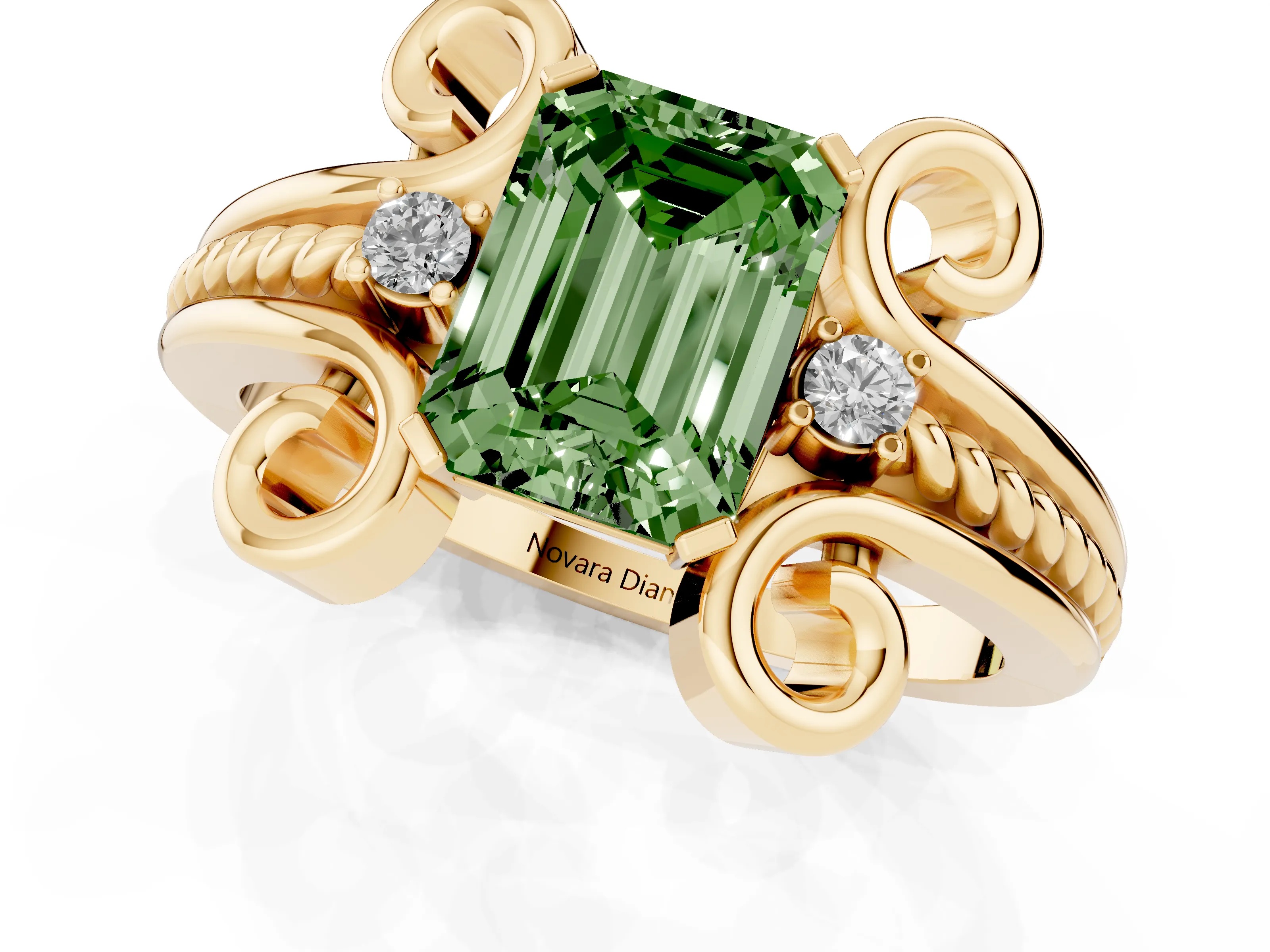 Fancy Green Emerald Cut Diamond Twisted Band Solitaire Ring Set in Yellow gold with Scroll Prongs