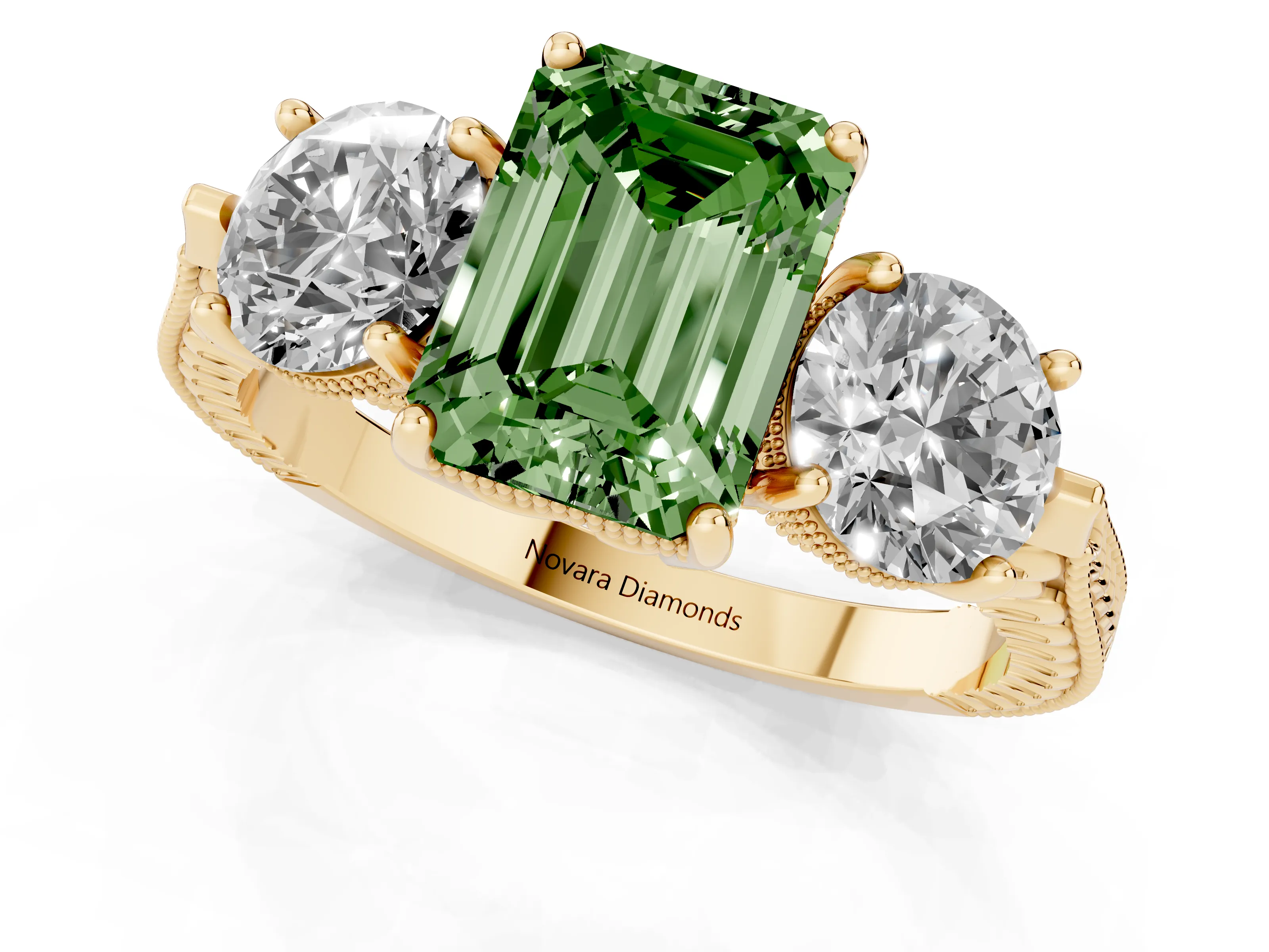 Fancy Green Emerald Cut Diamond Three-Stone Ring Set in Yellow gold with Milgrain Band