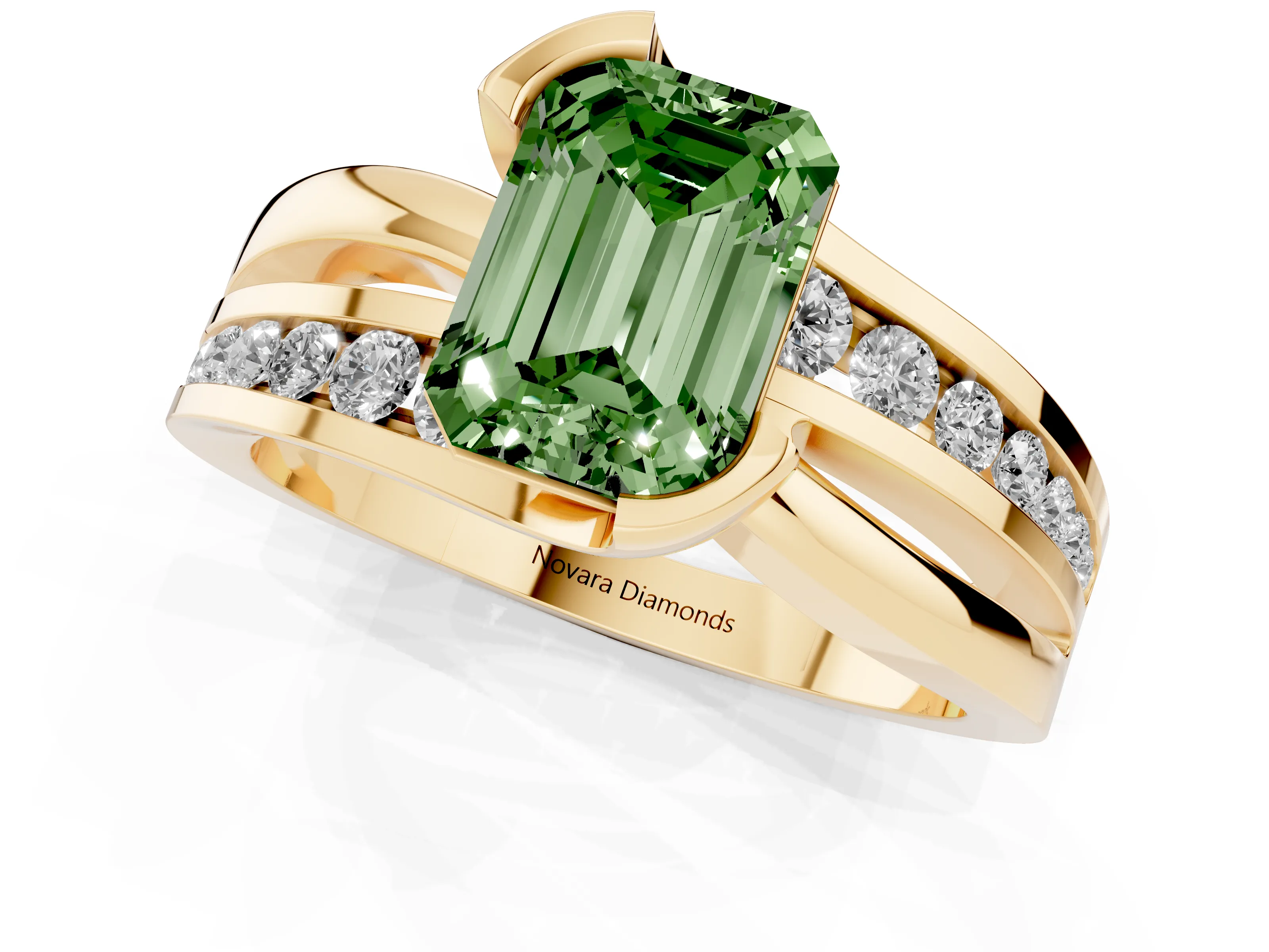 Fancy Green Emerald Cut Diamond Solitaire Ring Set in Yellow gold with Channel Set Split Shank and Tension Prongs