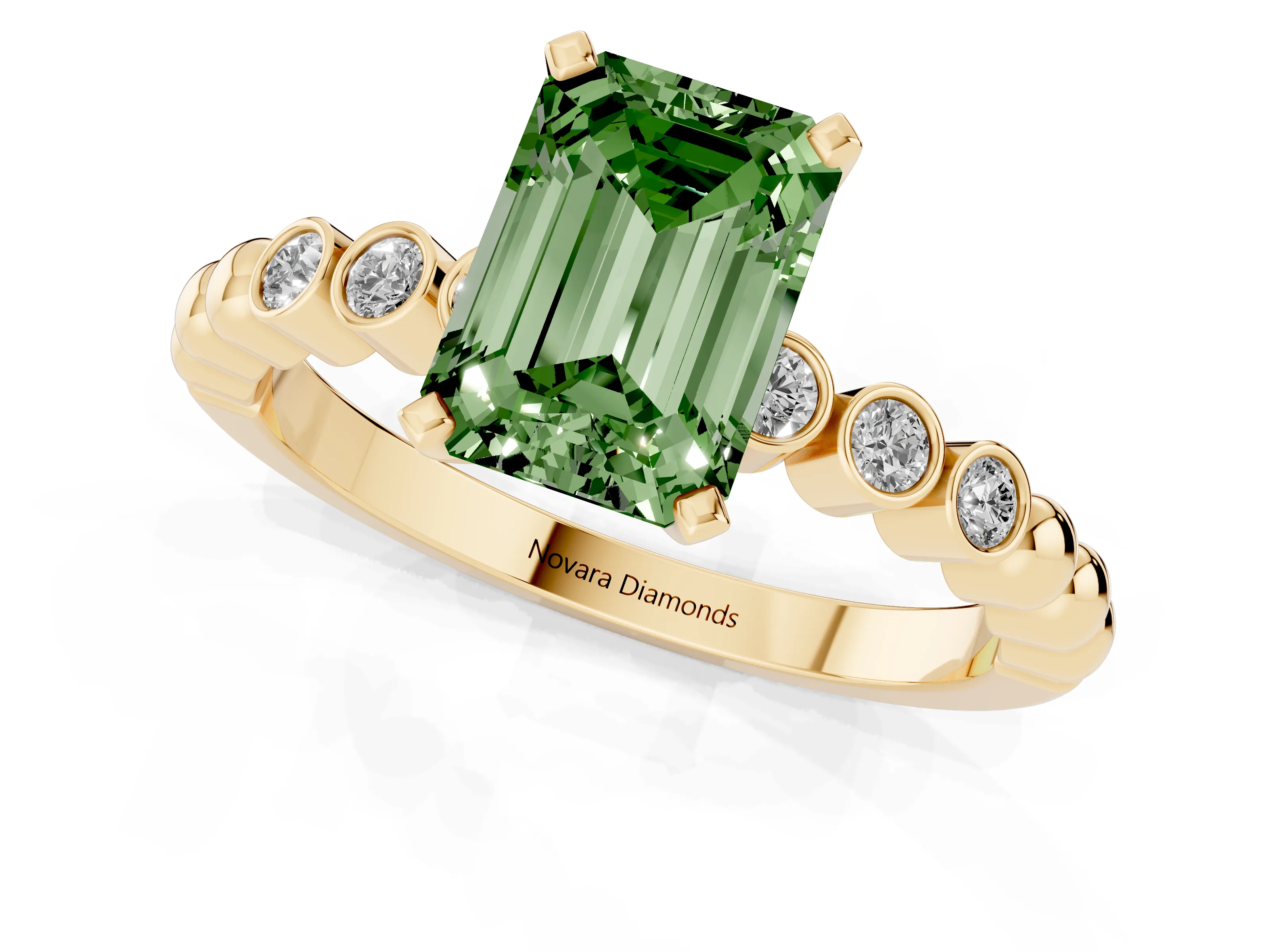 Fancy Green Emerald Cut Diamond Solitaire Engagement Ring Set in Yellow gold with Bezel Accents on Beaded Band – second view