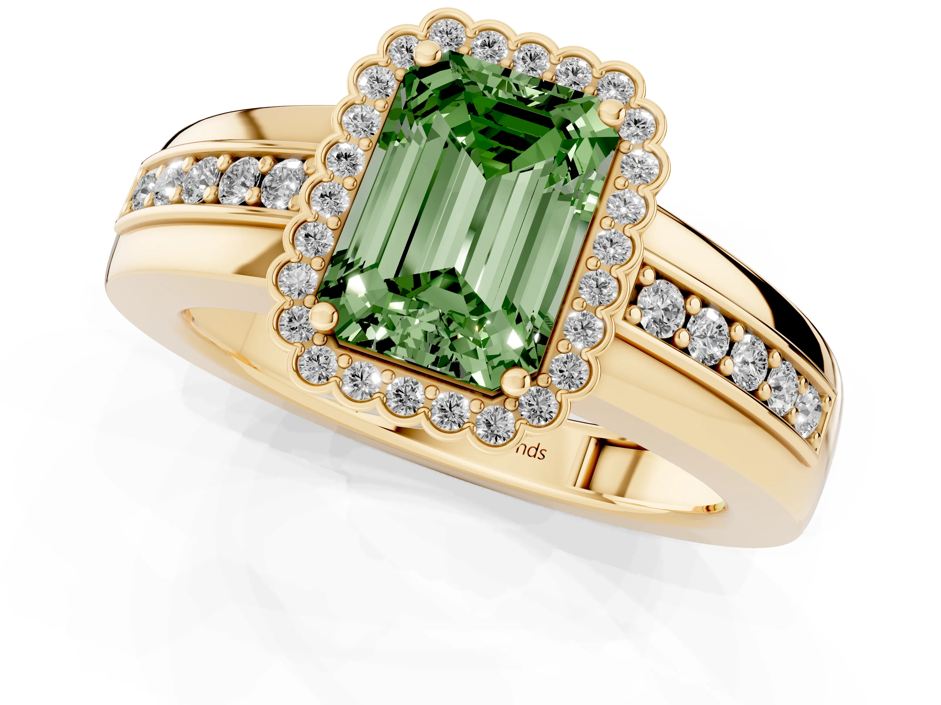 Fancy Green Emerald Cut Diamond Halo Prong Ring Set in Yellow gold with Pavé Band