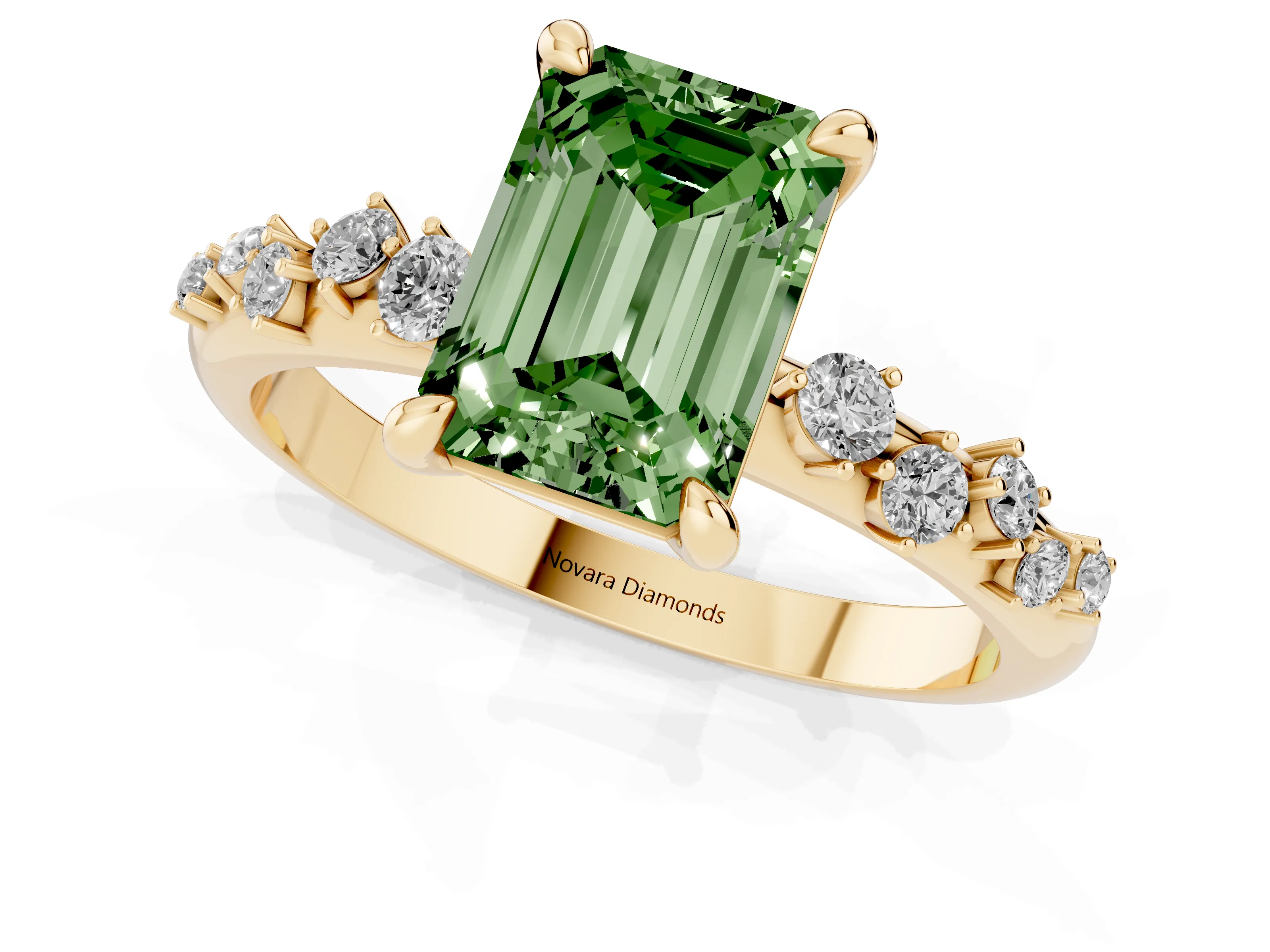 Fancy Green Emerald Cut Diamond Solitaire Vine Band Ring Set in Yellow gold with Round Accents and Prong Setting – second view
