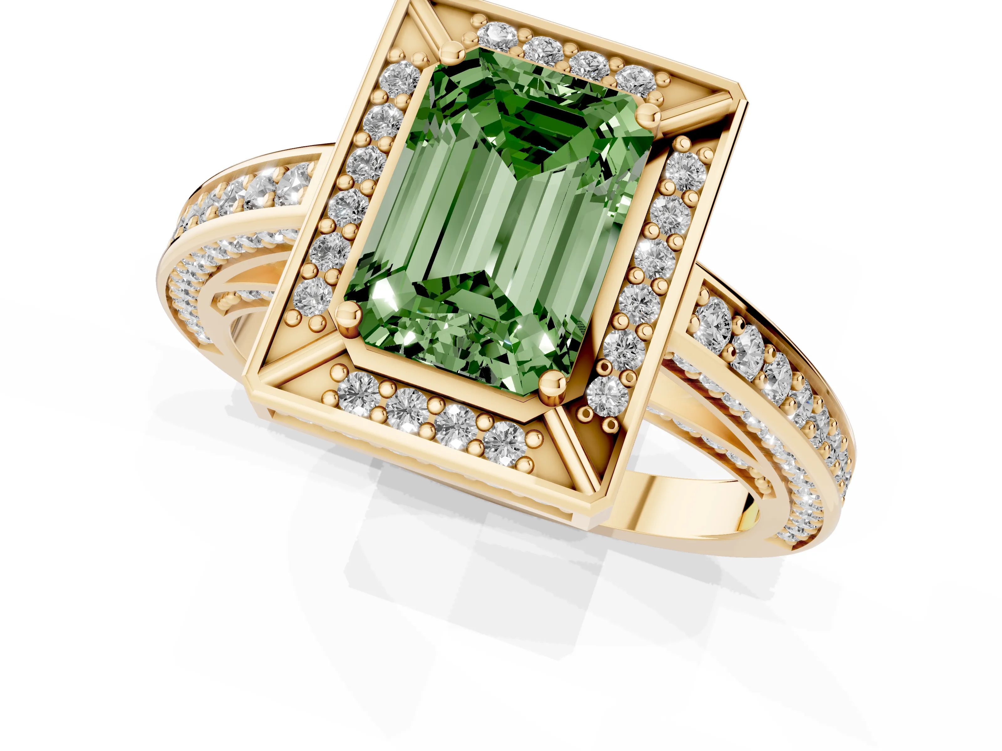 Fancy Green Emerald Cut Diamond Halo Pavé Split Shank Ring Set in Yellow gold with Prong Setting