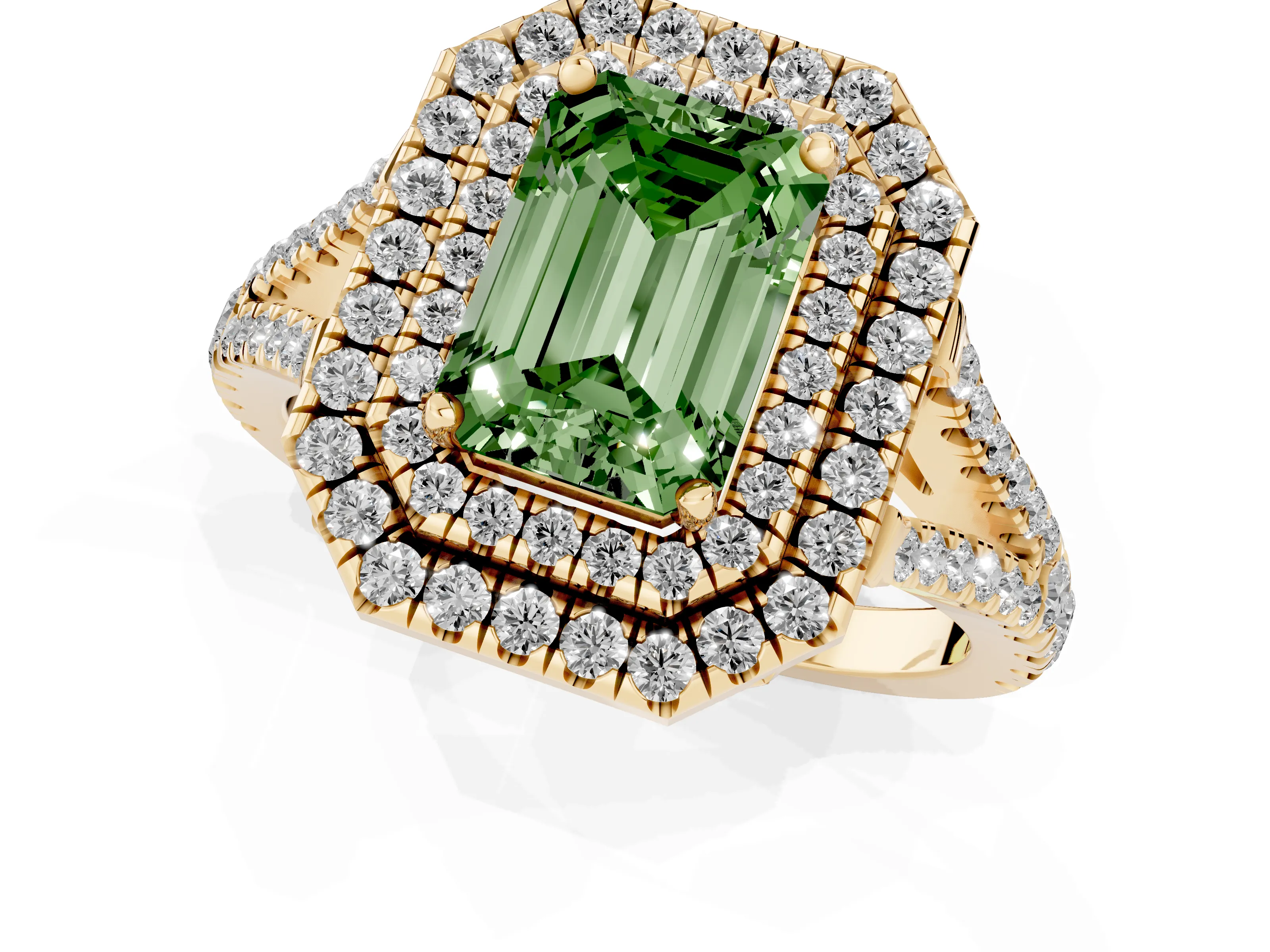 Fancy Green Emerald Cut Diamond Double Halo Ring Set in Yellow gold with Pavé Band – second view