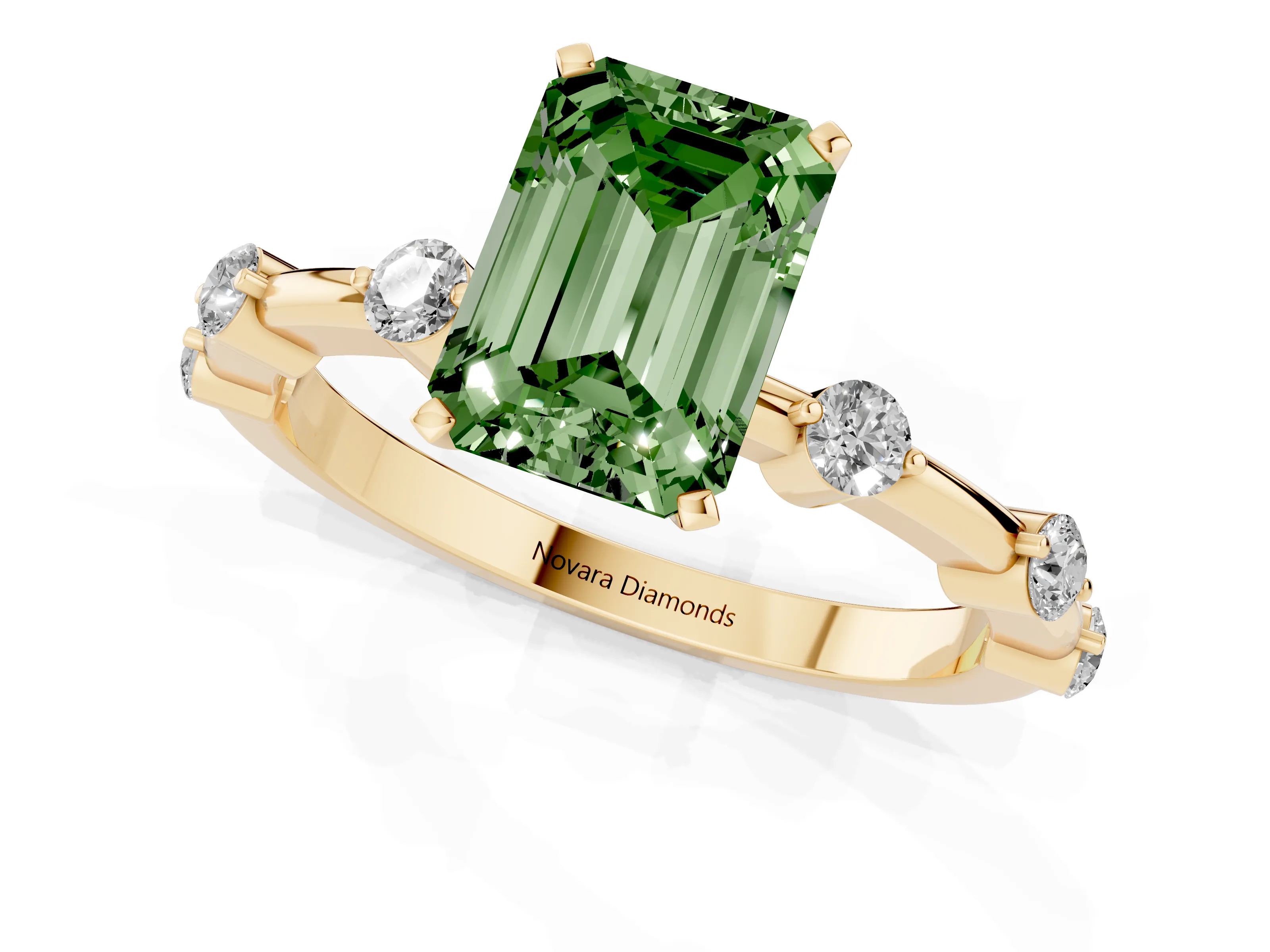 Fancy Green Emerald Cut Diamond Solitaire Ring Set in Yellow gold with Bezel Set Side Stones and Prong Setting