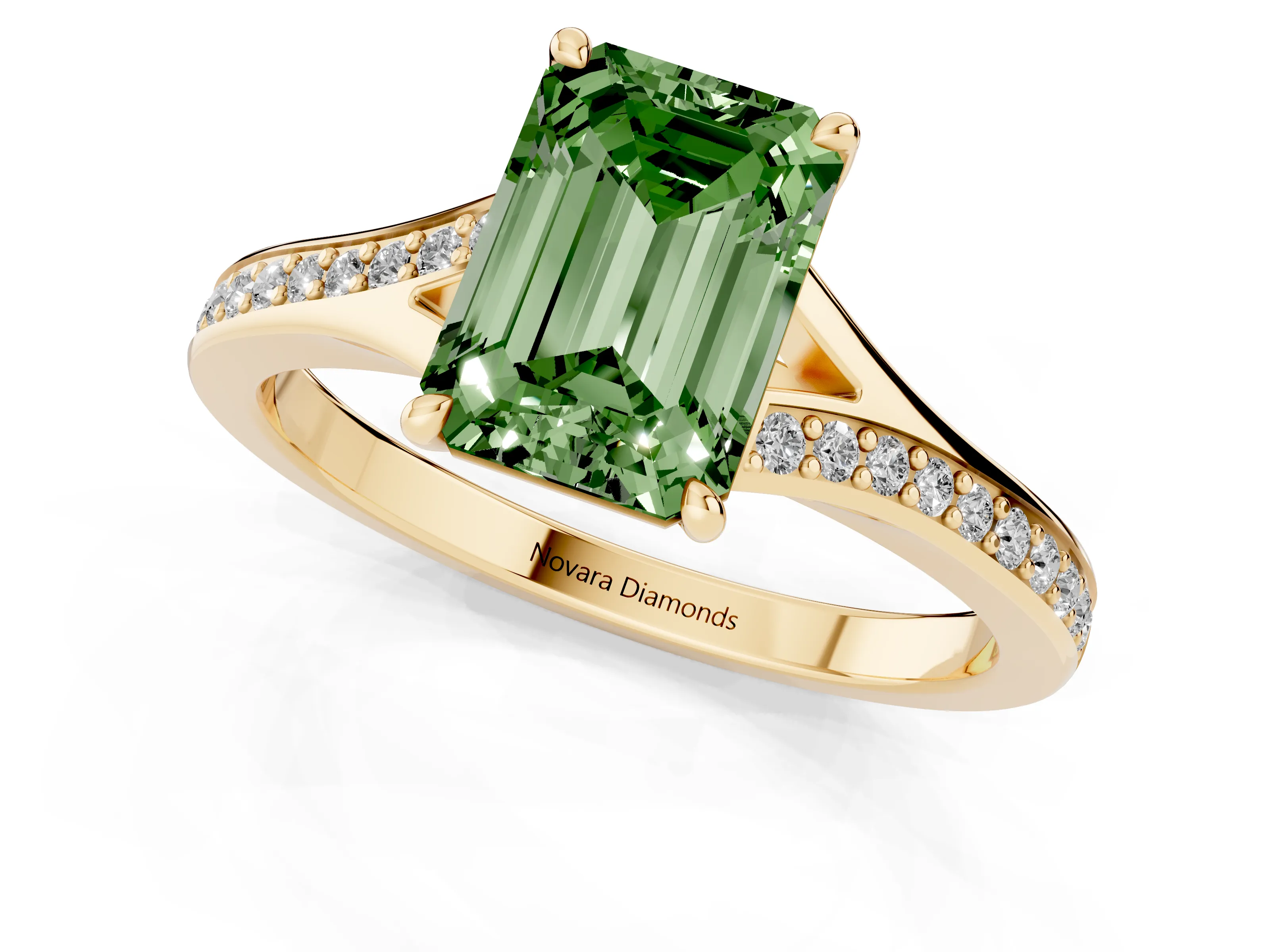 Fancy Green Emerald Cut Diamond Solitaire Ring Set in Yellow gold with Pavé Accent Band and Classic Prong Setting