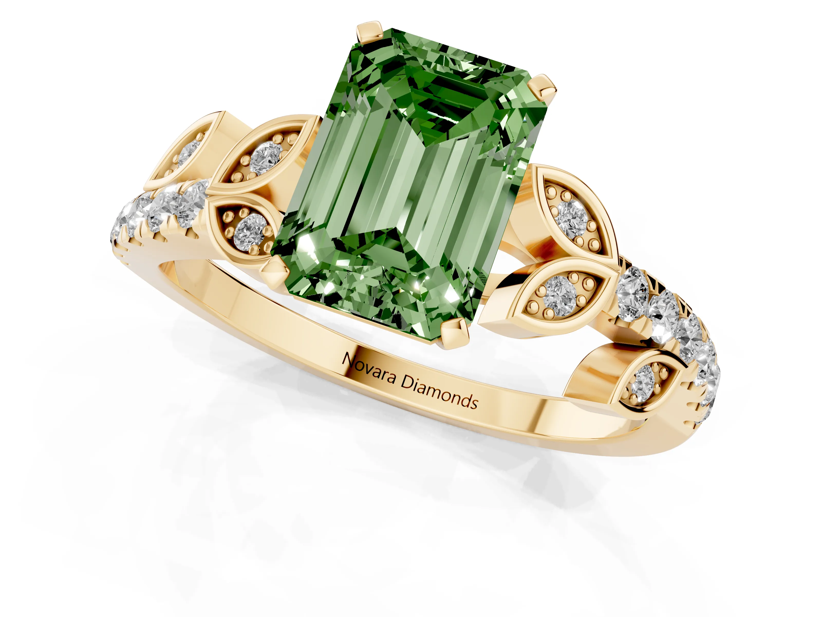 Fancy Green Emerald Cut Diamond Solitaire Leaf-Inspired Ring Set in Yellow gold with Pavé Band and Prong Setting