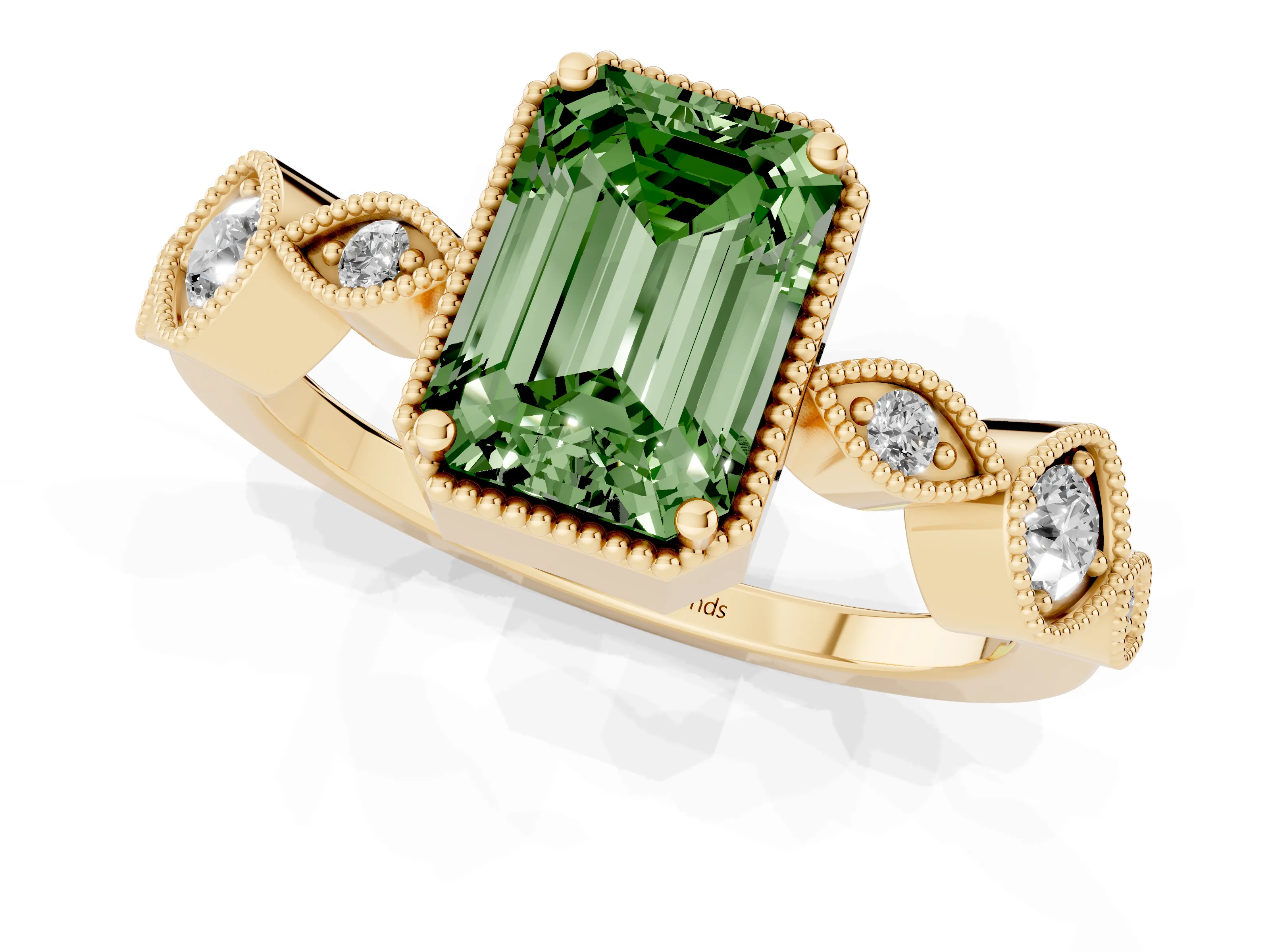 Fancy Green Emerald Cut Diamond Vintage-Inspired Milgrain Ring Set in Yellow gold with Marquise Stations of Round Accents