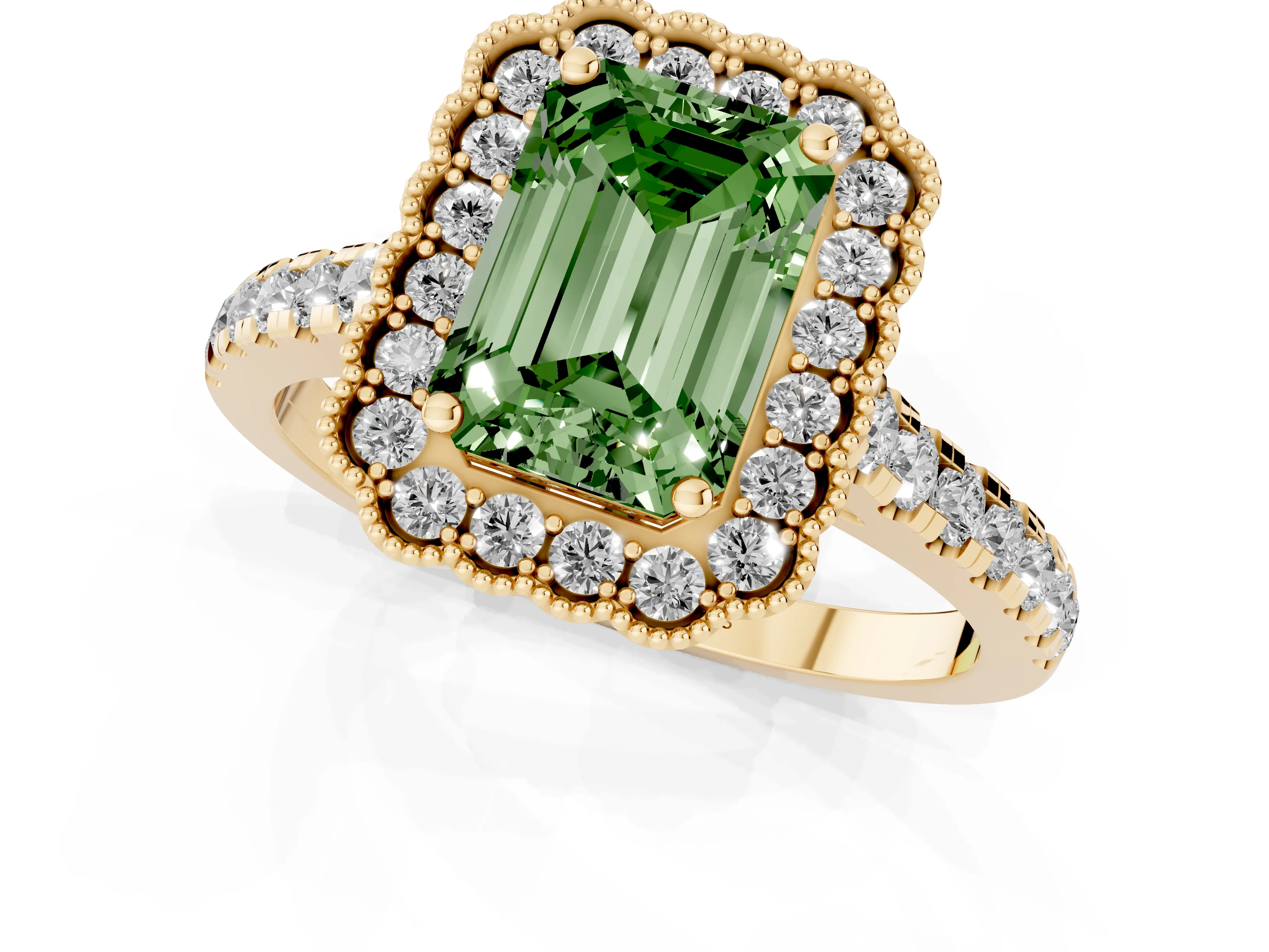 Fancy Green Emerald Cut Diamond Milgrain Floral Halo Engagement Ring Set in Yellow gold with Pavé Band
