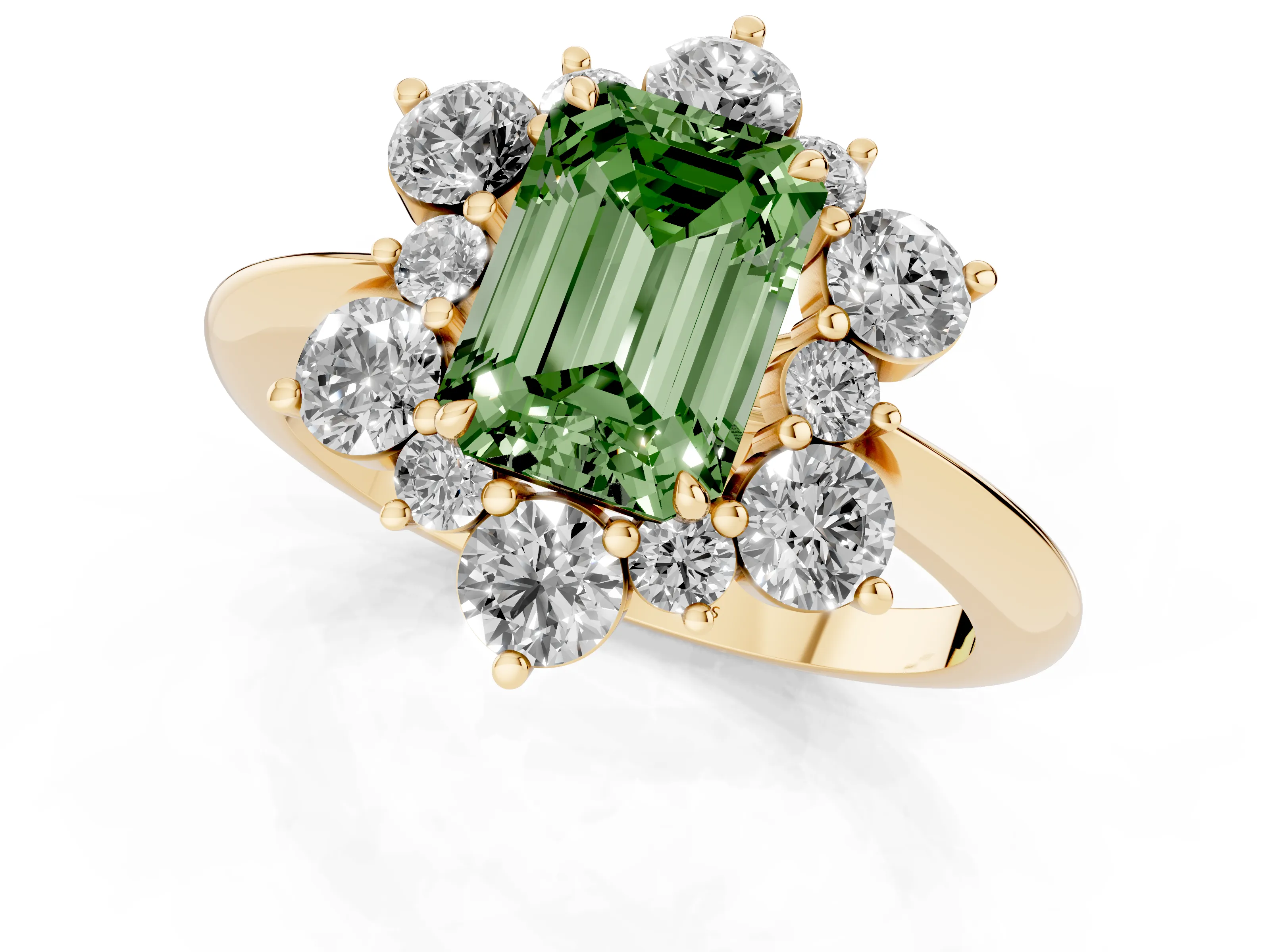Fancy Green Emerald Cut Diamond Cluster Halo Ring Set in Yellow gold with Solitaire Band and Prong Setting