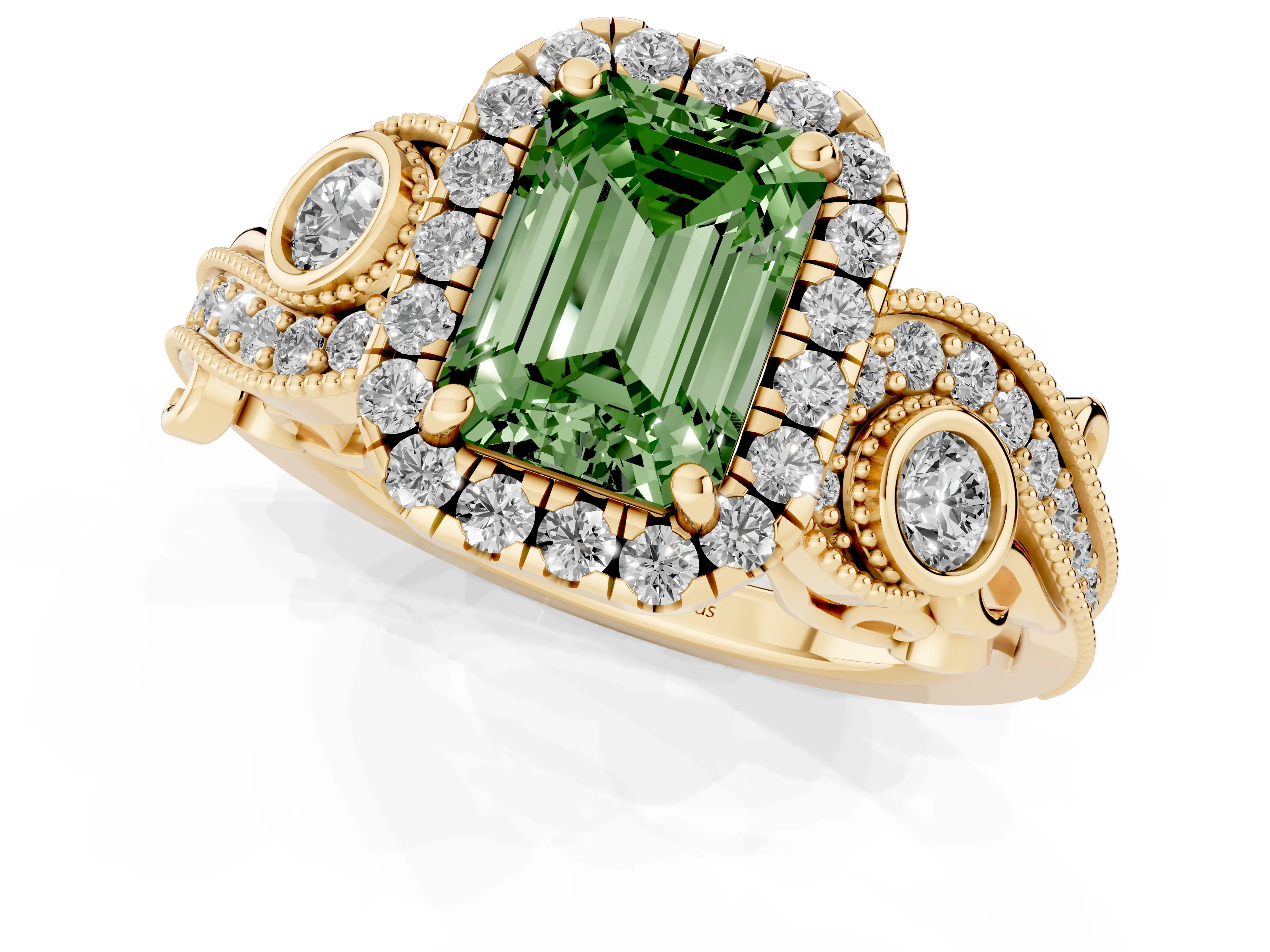 Fancy Green Emerald Cut Diamond Halo Ring Set in Yellow gold with Milgrain Pavé Band and Prong Setting