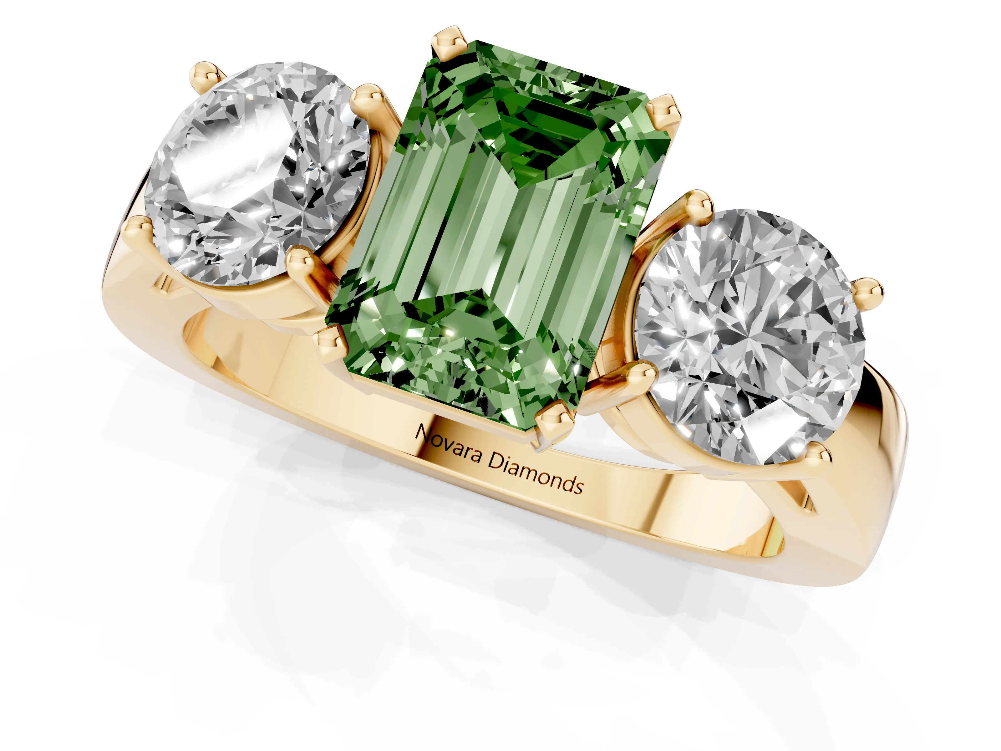 Fancy Green Emerald Cut Diamond Three-Stone Ring Set in Yellow gold with Round Side Stones and Classic Band